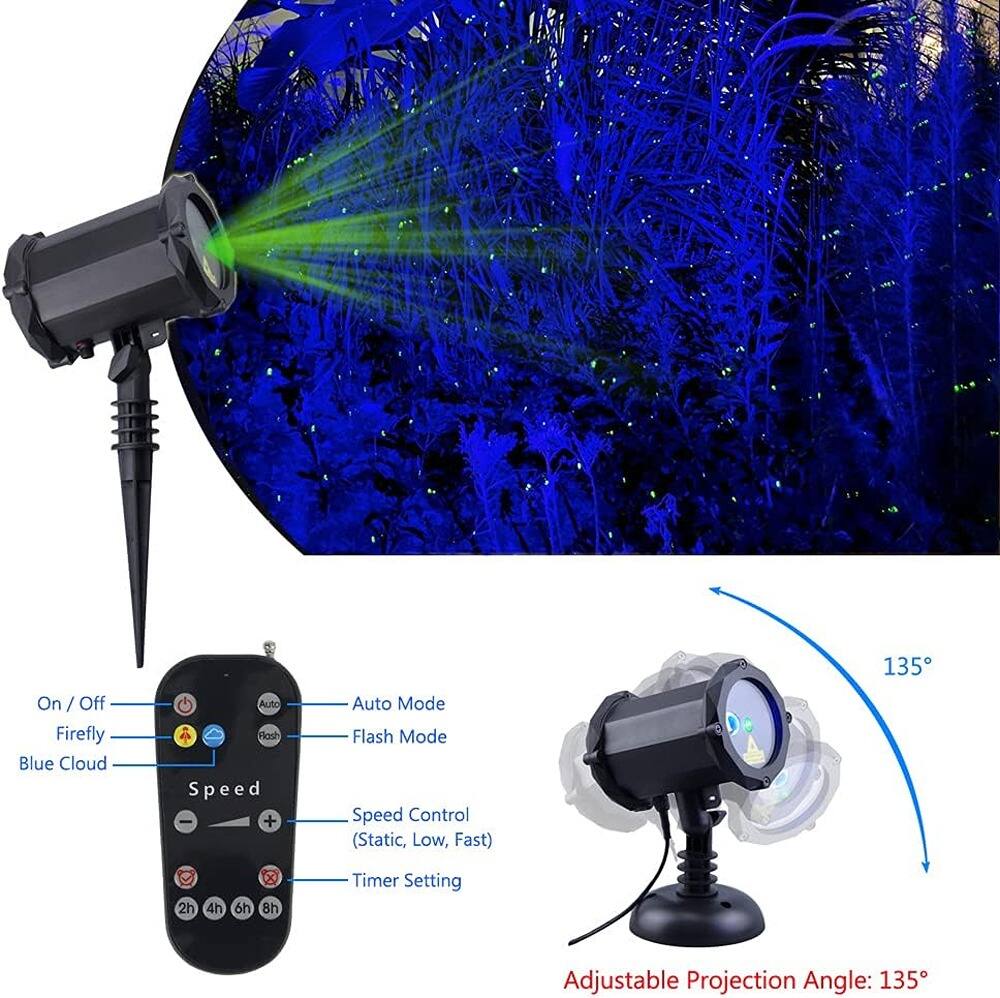 135°

On / Off  
Firefly  
Blue Cloud  

Auto Mode  
Flash Mode  

Speed Control (Static, Low, Fast)  

Timer Setting: 2h 4h 6h 8h  

Adjustable Projection Angle: 135°