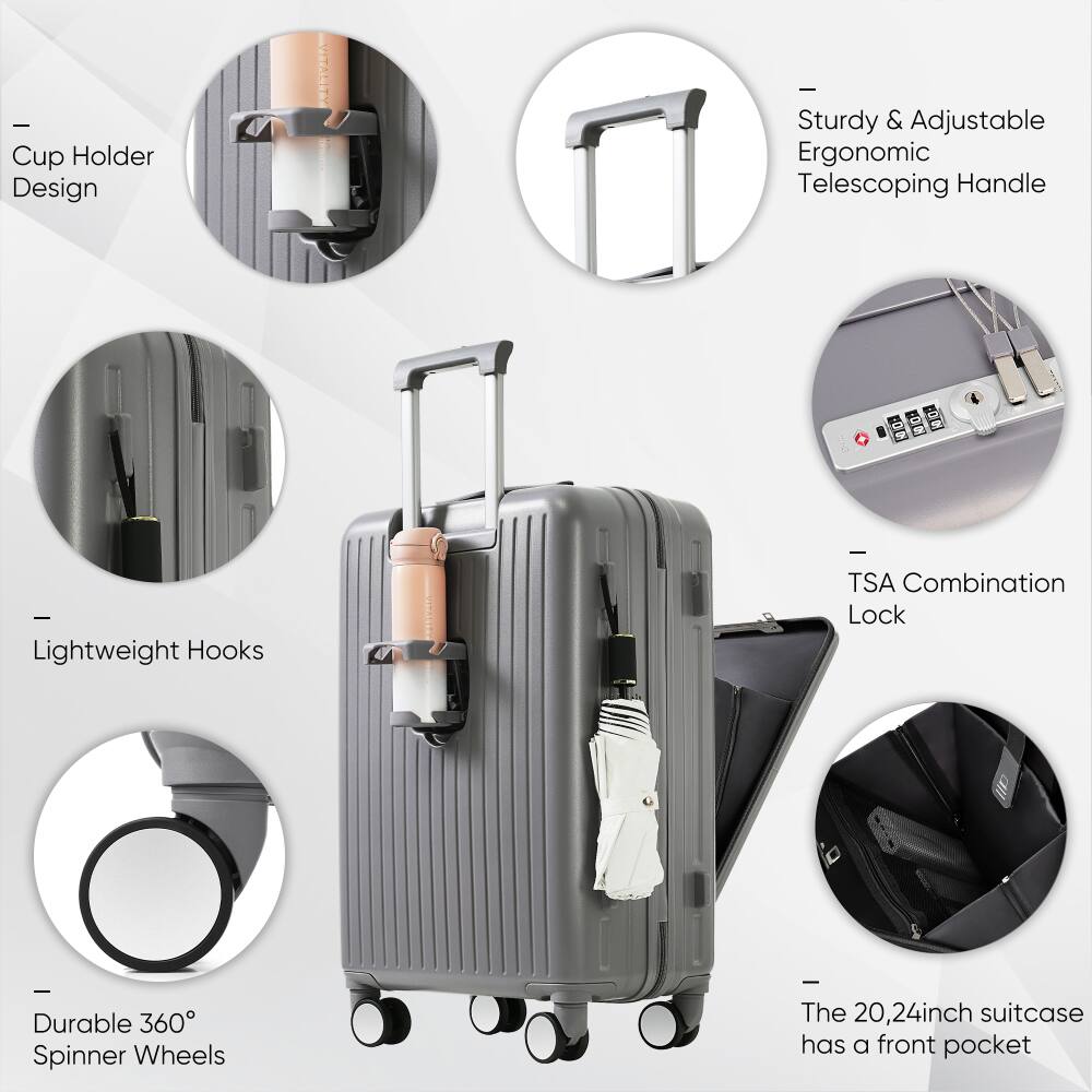 - Cup Holder Design
- Sturdy & Adjustable Ergonomic Telescoping Handle
- Lightweight Hooks
- TSA Combination Lock
- Durable 360° Spinner Wheels
- The 20,24inch suitcase has a front pocket