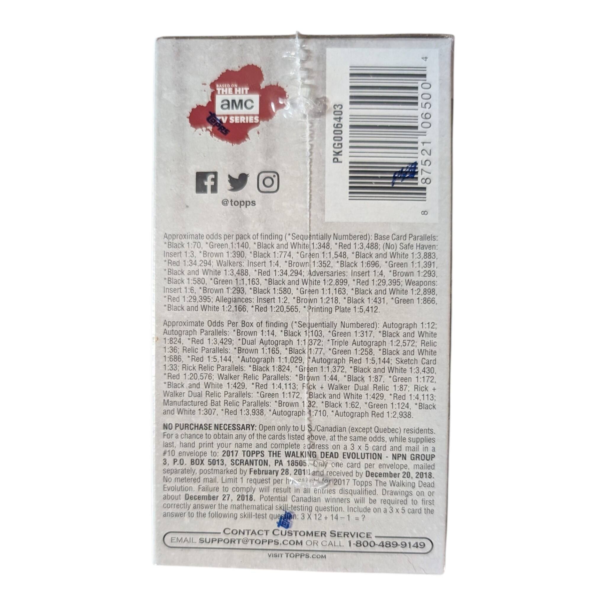 AMC SERIES f @topps PKG006403 06500 87521 Approximate odds per pack of finding (Sequentially Numbered): Base Card Parallels: *Green 1:140, "Black and White" (No Safe Haven): Insert 1.3 "Brown 1:390, "Black 1:774, "Green 1:1,548, "Black 1:3,883, Walkers: Insert 1.3 "Brown 1:352, *Black 1:696, "Green 1:1,391, White 1:3,488, 1:34,294; Adversaries: Insert 1.3 "Brown 1:293, *Green 1:1,163, *Black 1:2,899, 1:29,395; Weapons: Insert 1.3 "Brown 1:293, Black 1:580, Green 1:1,163, "Black and White 