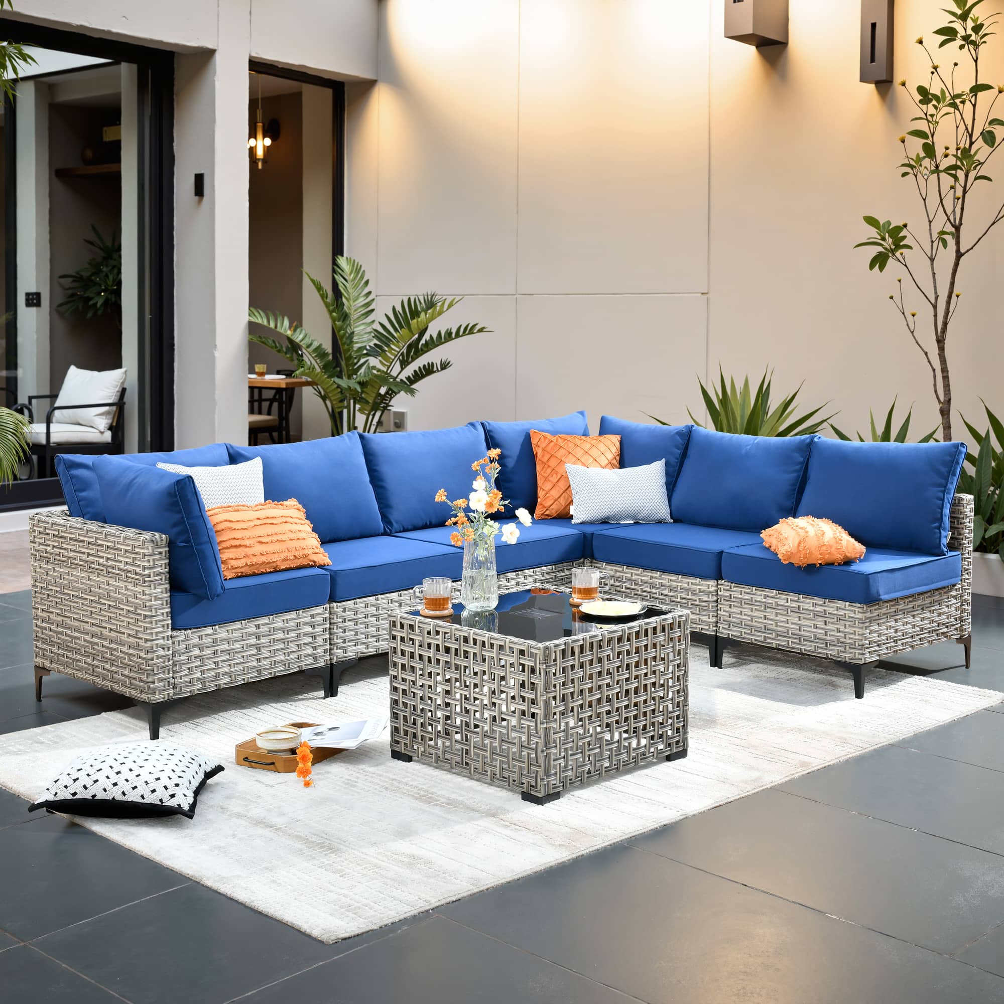 Ovios - 7 PCS Outdoor Patio Furniture Rattan Sectional Sofa with Coffee Table for Backyard - Navy Blue