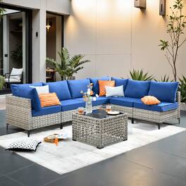 Ovios - 7 PCS Outdoor Patio Furniture Rattan Sectional Sofa with Coffee Table for Backyard - Navy Blue