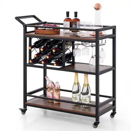 Front. Costway - Costway 3-tier Bar Cart on Wheels Home Kitchen Serving Cart with Wine Rack & Glass Holder Brown - Brown.