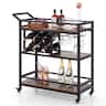 Costway - 3-tier Bar Cart on Wheels Home Kitchen Serving Cart with Wine Rack & Glass Holder - Brown