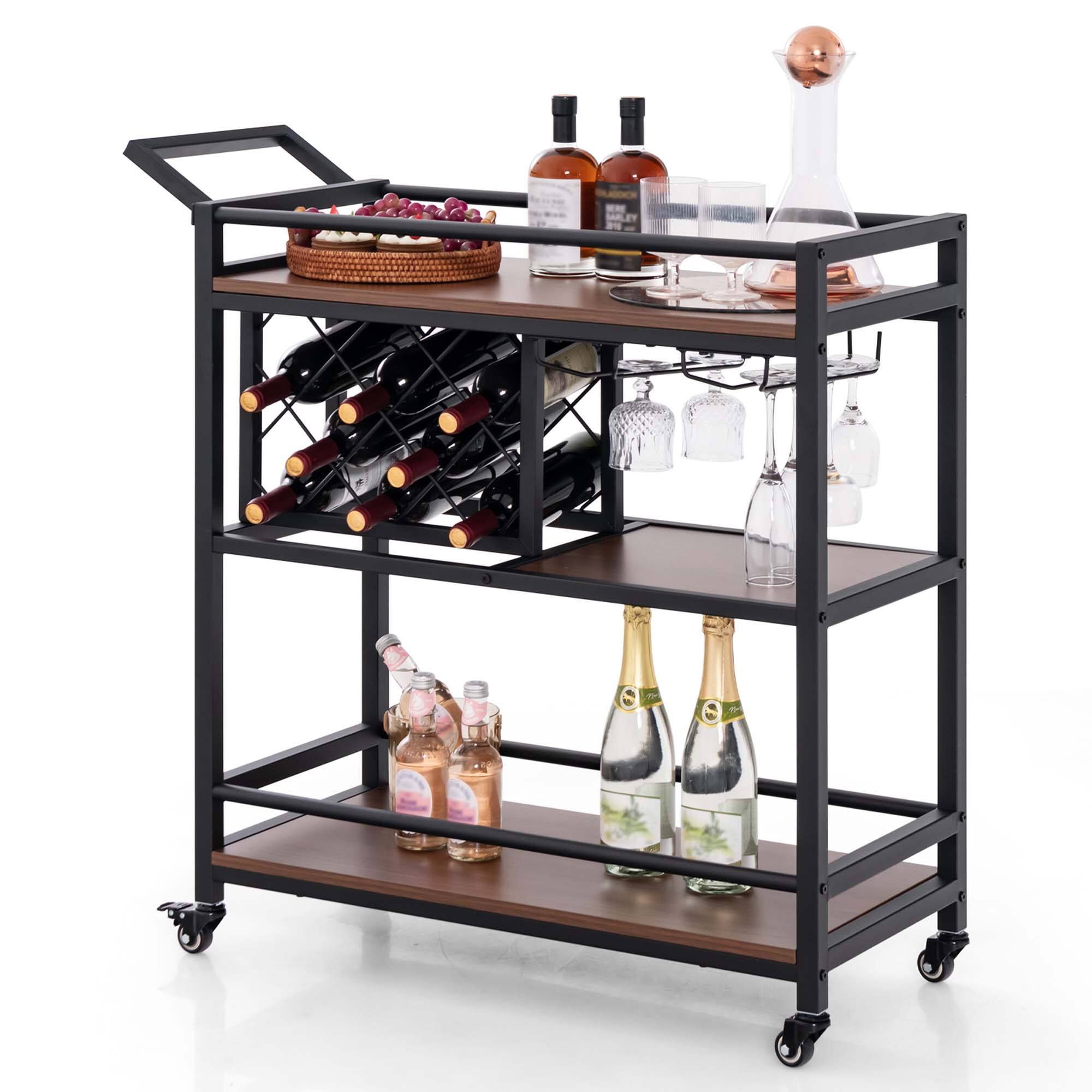 Front. Costway - Costway 3-tier Bar Cart on Wheels Home Kitchen Serving Cart with Wine Rack & Glass Holder Brown - Brown.