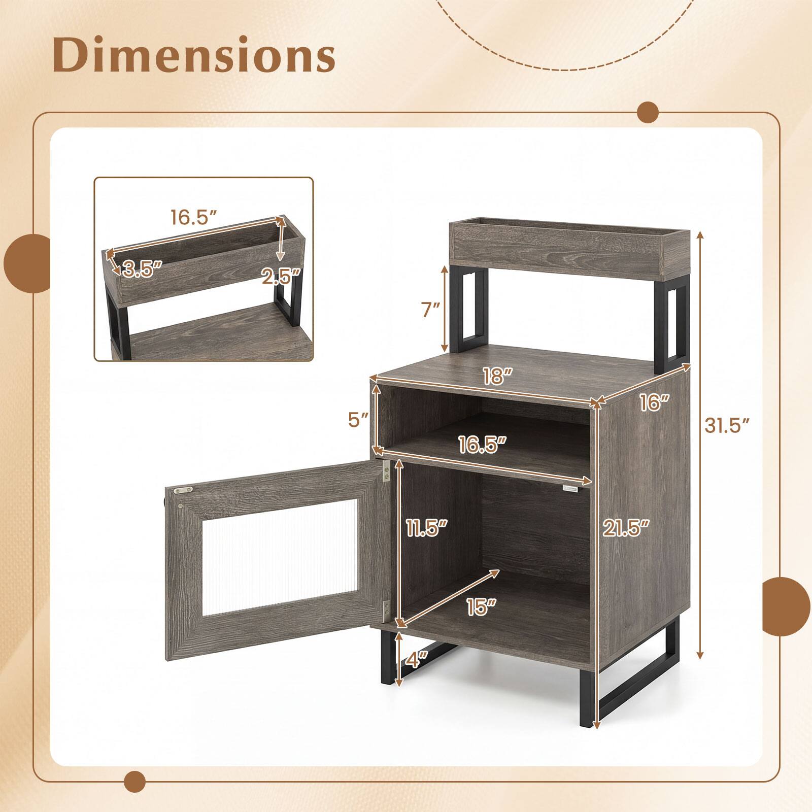 Dimensions

- 16.5" (width)
- 3.5" (depth)
- 2.5" (height)
- 7" (height)
- 18" (width)
- 16" (depth)
- 31.5" (height)
- 11.5" (depth)
- 21.5" (width)
- 15" (depth)
- 4" (height)
