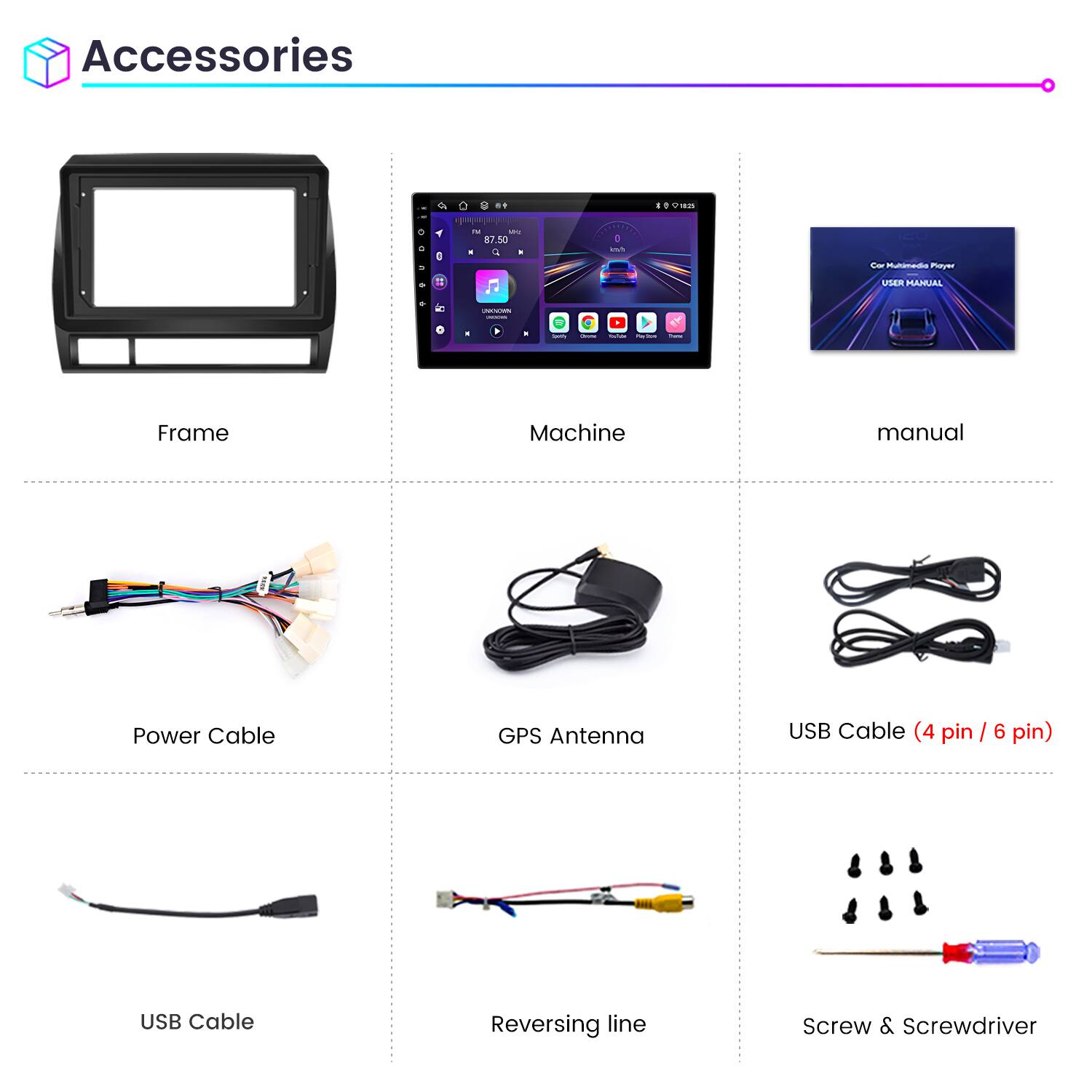 Accessories

- Frame
- Machine
- Manual
- Power Cable
- GPS Antenna
- USB Cable (4 pin / 6 pin)
- USB Cable
- Reversing Line
- Screw & Screwdriver