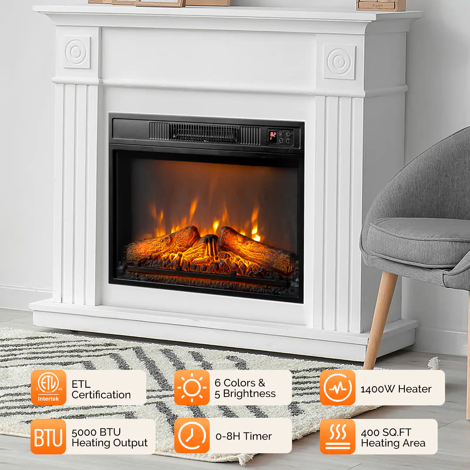 - ETL Certification
- 6 Colors & 5 Brightness
- 1400W Heater
- 5000 BTU Heating Output
- 0-8H Timer
- 400 SQ.FT Heating Area