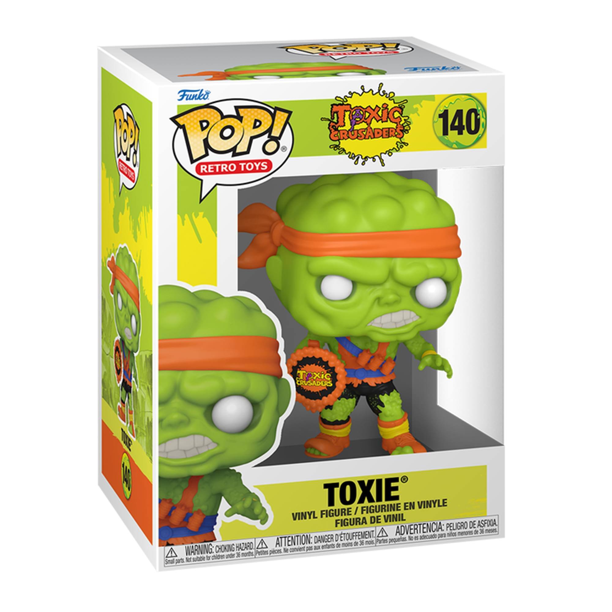 Sure, here is the corrected and grouped text from the image:

---

**Top Left:**
- Funko
- POP!
- RETRO TOYS

**Top Center:**
- Toxic Crusaders
- 140

**Top Right:**
- Toxic Crusaders
- 140

**Center:**
- TOXIE
- VINYL FIGURE / FIGURINE EN VINYLE
- FIGURA DE VINIL
- ADVERTENCIA: PEUGRO DE ASFALIA
- ATTENTION: DANGER D'ÉTOUFFEMENT
- WARNING: CHOKING HAZARD

**Bottom Left:**
- WARNING: CHOKING HAZARD
- ATTENTION: DANGER D'ÉTOUFFEMENT
- ADVERTENCIA: PEUGRO DE ASFALIA
- Small parts not suitable for children under 3 years. / Pequeñas piezas no son adecuadas para niños menores de 3 años.

**Bottom Center:**
- VINYL FIGURE / FIGURINE EN VINYLE
- FIGURA DE VINIL

**Bottom Right:**
- Parts may be small. / Les pièces peuvent être petites.
- Pequeñas piezas. /