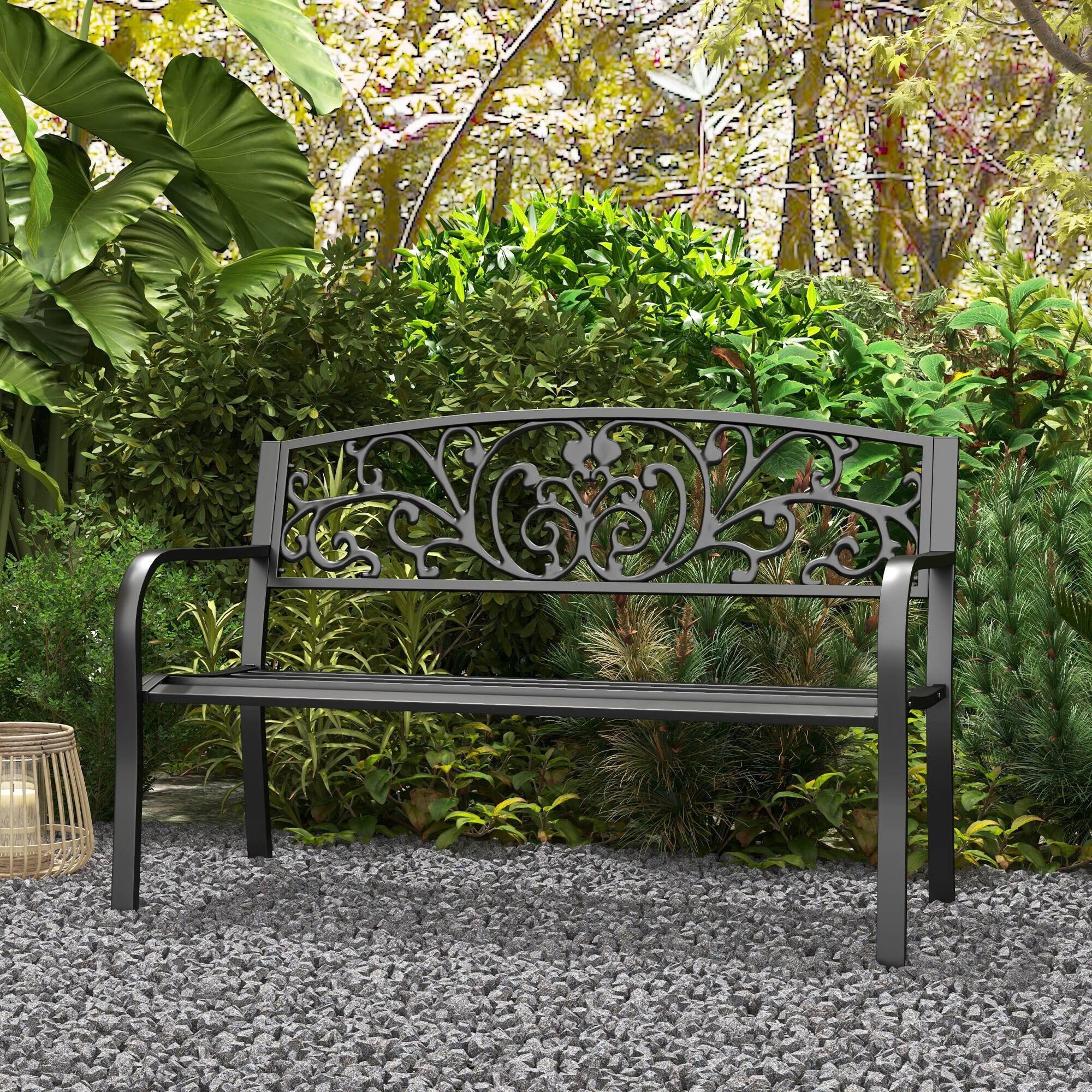 Alt View 7. Outsunny - 50" Outdoor Bench, Metal Garden Bench with Floral Pattern Backrest, Porch Bench with Slatted Seat for Park, Yard, Lawn - Black.