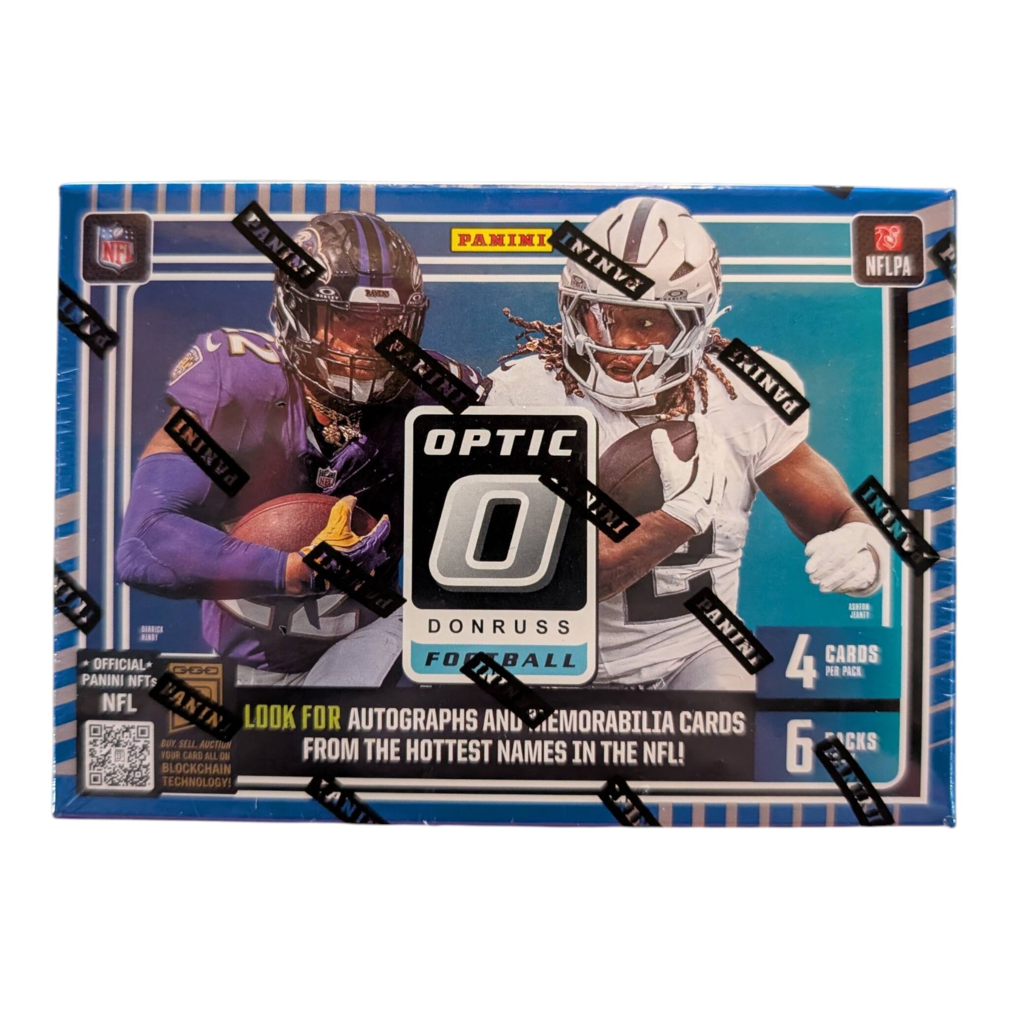 PANINI NFL INFINITI NFLPA - INNd N b NINI PANIMI PANINI OPTIC O NINI ININ INAo - - - DONRUSS PANINI FOOTBALL 4 CARDS OFFICIAL PANINI NFTs NFL FANIN LOOK FOR AUTOGRAPHS AND MEMORABILIA CARDS FROM THE HOTTEST 6 NAMES IN THE NFL! BLOCKCHAIN TECHNOLOGY!