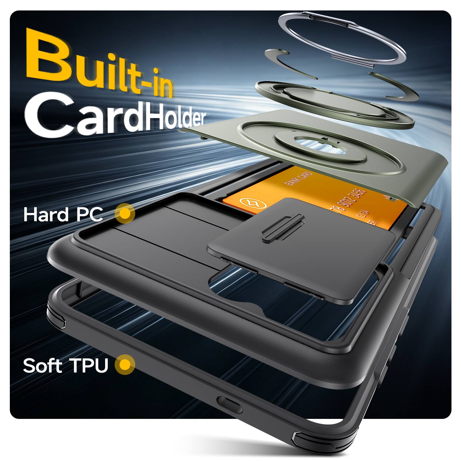Built-in Card Holder  
Hard PC  
BANK CARD  
9012 3456 4 78 12/34 ER  
Soft TPU