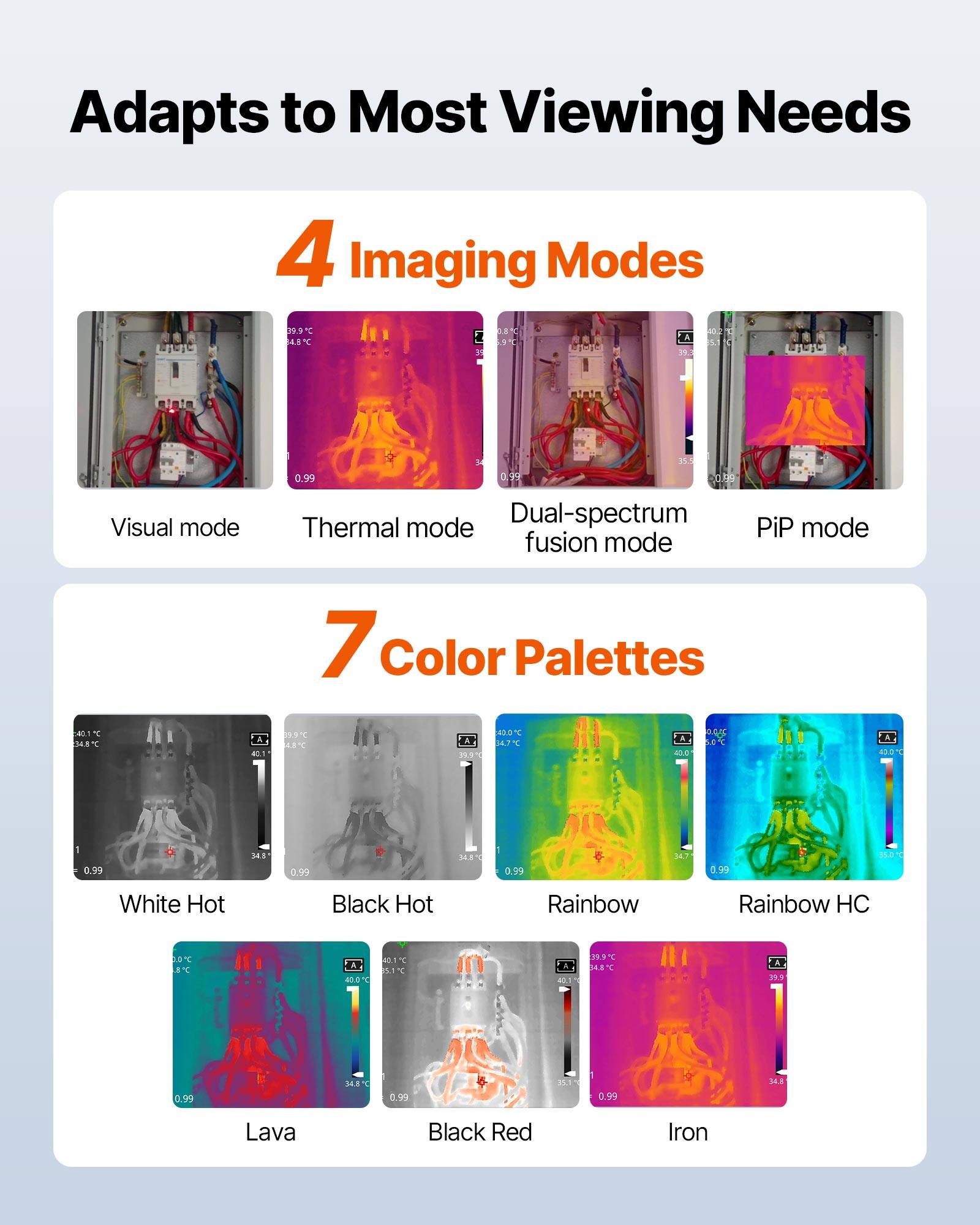 Adapts to Most Viewing Needs

4 Imaging Modes
- Visual mode
- Thermal mode
- Dual-spectrum fusion mode
- PiP mode

7 Color Palettes
- White Hot
- Black Hot
- Rainbow
- Rainbow HC
- Lava
- Black Red
- Iron