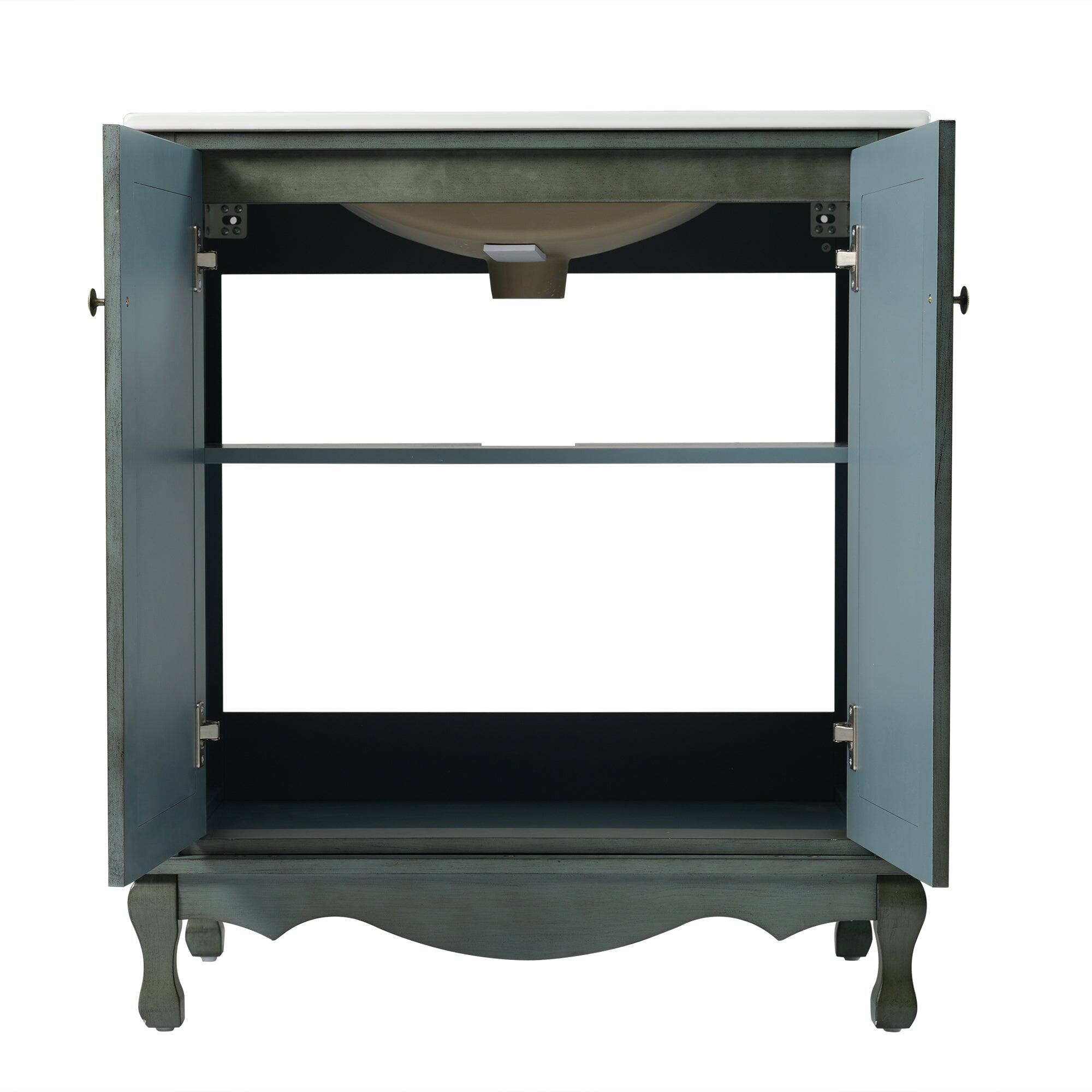 Left. Boyel Living - 30 Inch Bathroom Vanity with Rectangle Ceramic Sink Antique Handles Rubber Wood Legs Adjustable Shelves Blue Green - AntiqueBlueGreen.