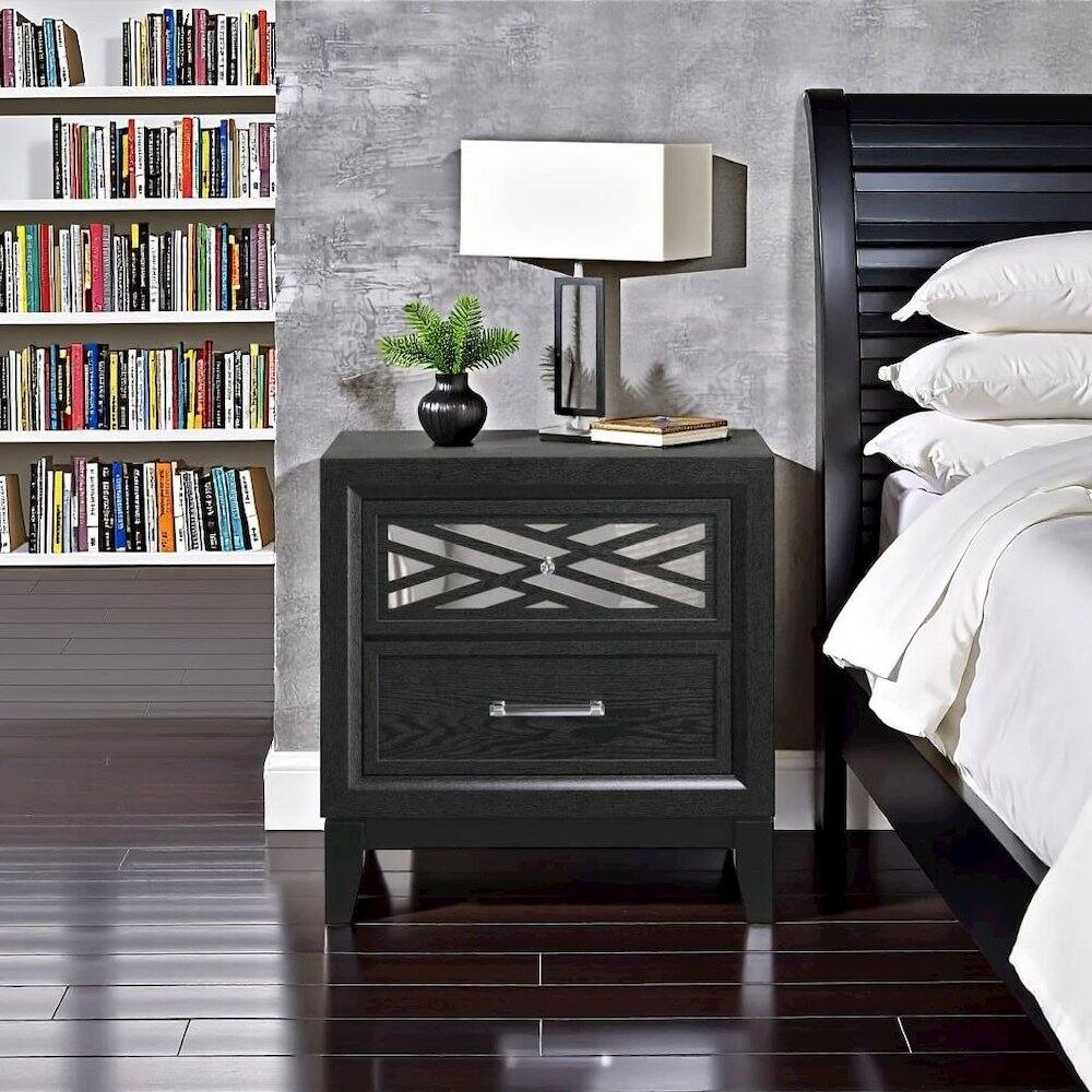 Angle. FurniFact - Black 2 Drawer Nightstand – Solid Night Stand Black Wood Bedroom Chest - Black.