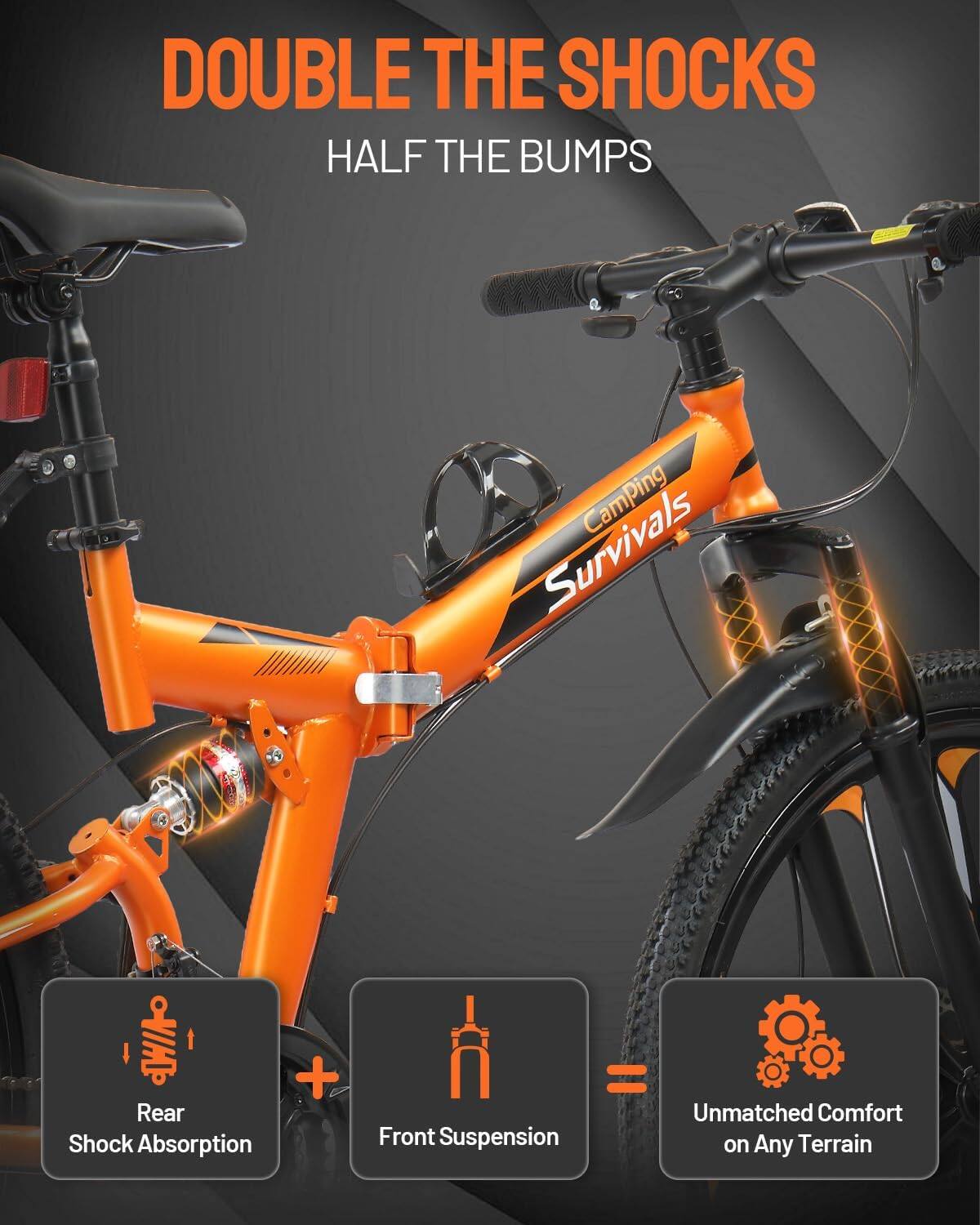 DOUBLE THE SHOCKS HALF THE BUMPS

Camping Survivals

THIN + Rear Shock Absorption = Unmatched Comfort Front Suspension Terrain on Any