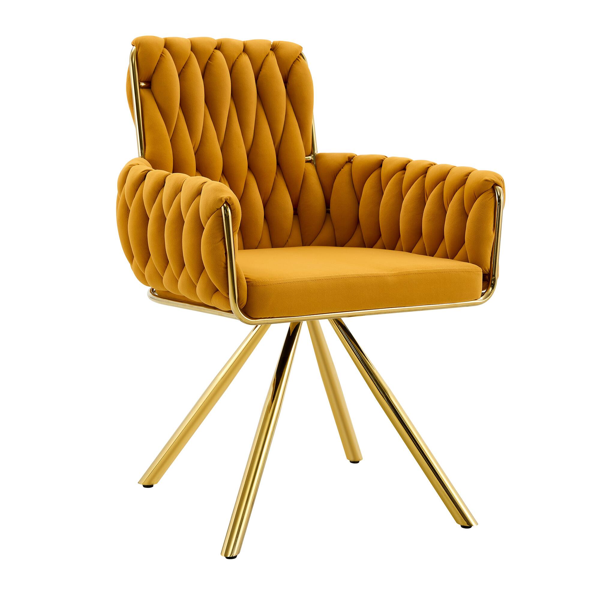 Alt View 7. Loheer - Loheer Velvet Dining Chairs Set of 2, Yellow Braided Upholstered Armchairs with Gold Legs, 2.08 ft, Dining Room - Gold,Yellow.