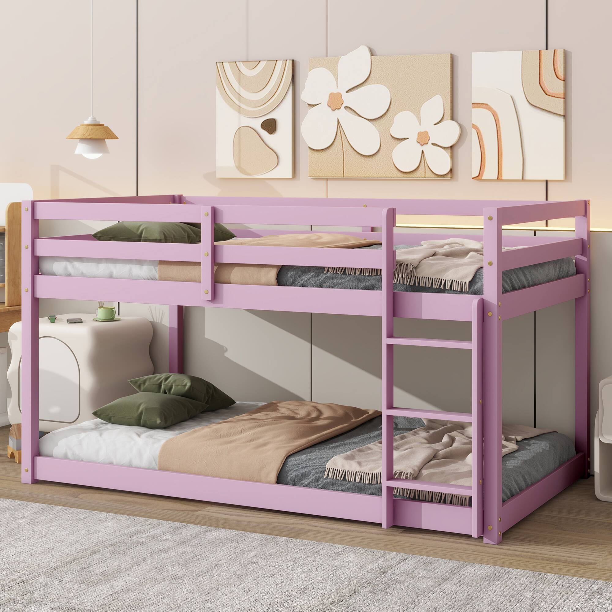 Alt View 4. GOODSILO - Solid Wood Twin Over Twin Floor Bunk Bed with Ladder and Strengthened Slats for Enhanced Stability - Pink.