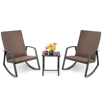 Front. Costway - Costway 3-Piece Patio Bistro Set Rattan Rocking Bistro Chairs w/Glass Coffee Table & Cushions - Brown.