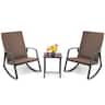Costway - 3-Piece Patio Bistro Set Rattan Rocking Bistro Chairs w/Glass Coffee Table & Cushions - Brown