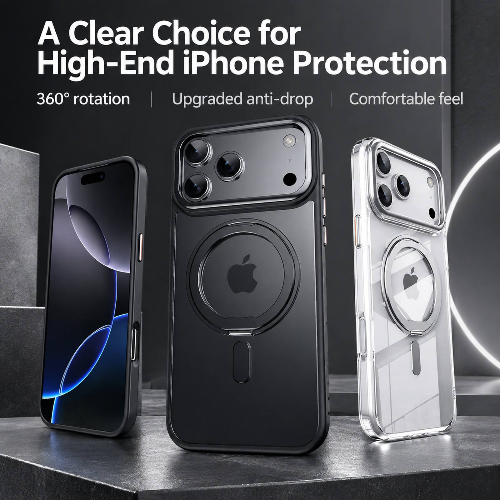 A Clear Choice for High-End iPhone Protection  
360° rotation | Upgraded anti-drop | Comfortable feel
