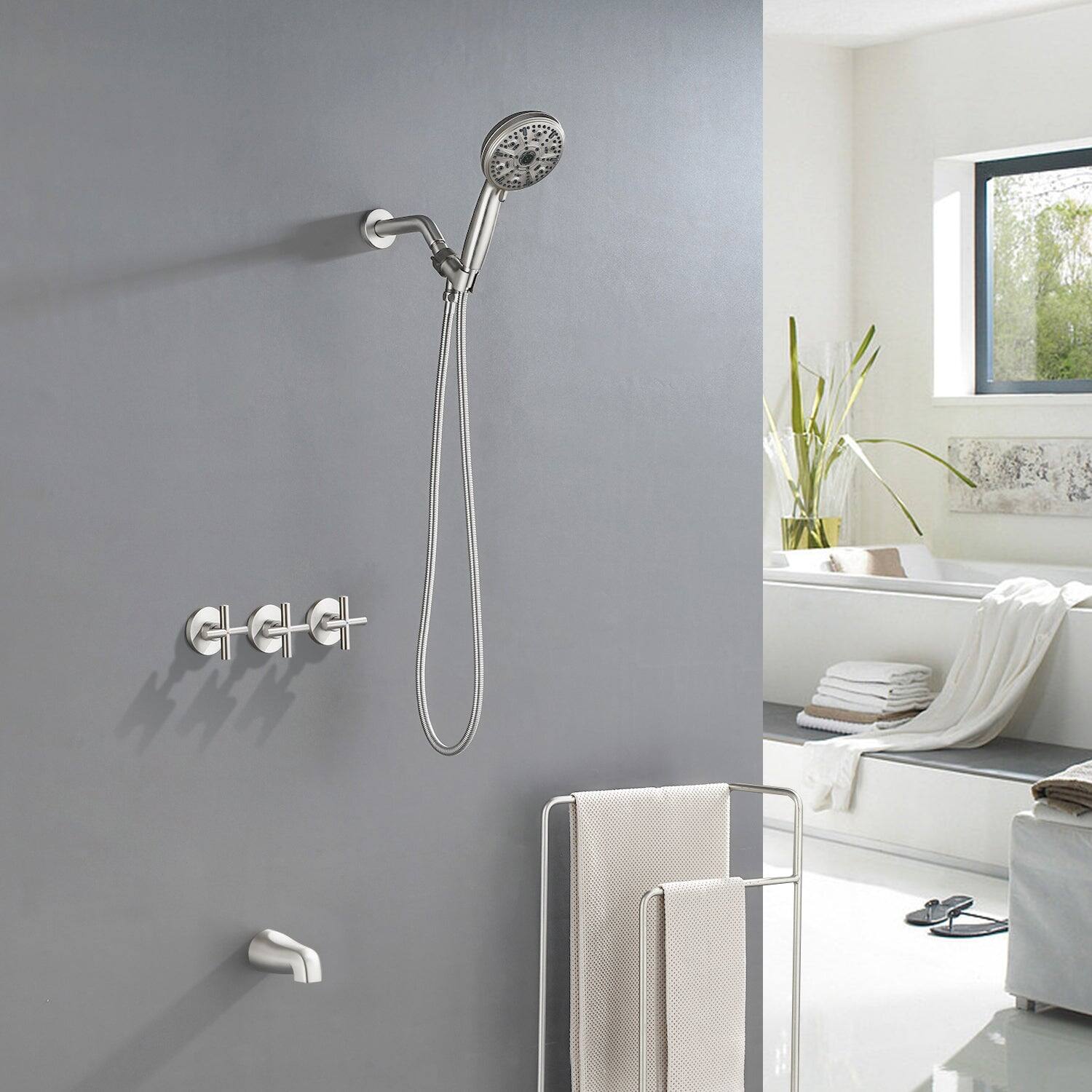 Alt View 2. Boyel Living - Brushed Nickel Shower Set with 10 Function ABS Handheld Shower Three Handle Control and High Flow Tub Spout - Brushed Nickel.