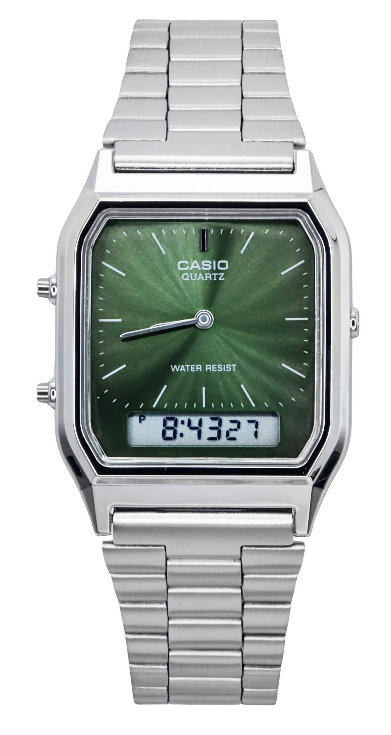 Casio - Vintage Analog-Digital Quartz AQ-230A-3AMQY Unisex Watch Alarm Dual Time Stopwatch Calendar 12/24-Hour Format - Green/Silver