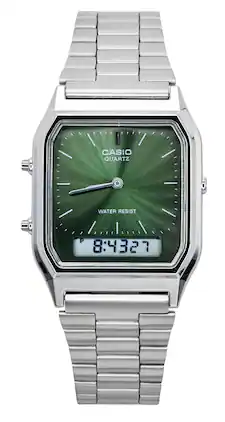 Casio - Vintage Analog-Digital Quartz AQ-230A-3AMQY Unisex Watch Alarm Dual Time Stopwatch Calendar 12/24-Hour Format - Green/Silver