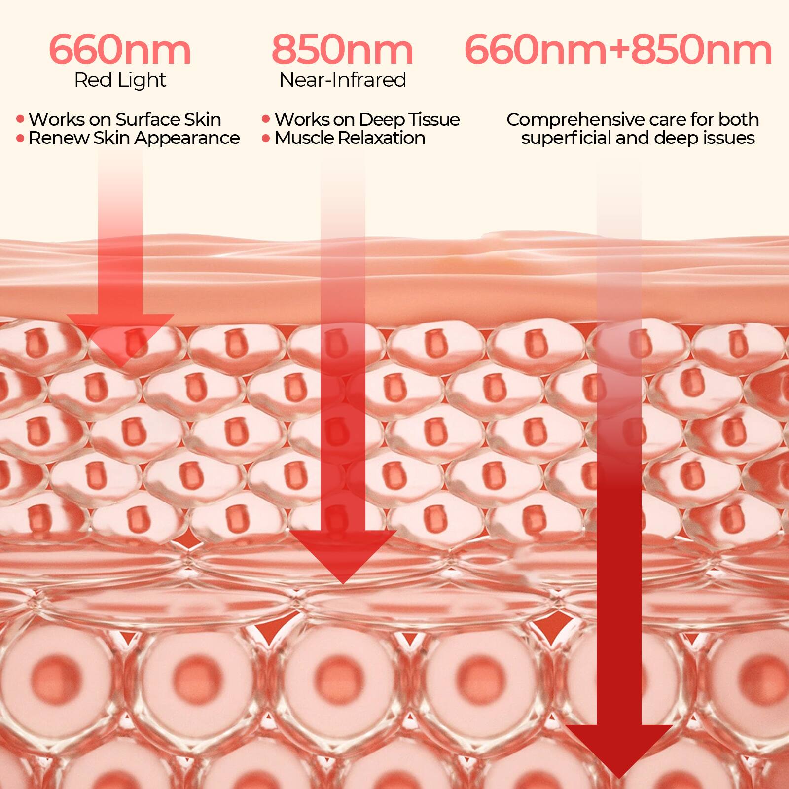 660nm Red Light  
- Works on Surface Skin  
- Renew Skin Appearance  

850nm Near-Infrared  
- Works on Deep Tissue  
- Muscle Relaxation  

660nm+850nm  
- Comprehensive care for both superficial and deep issues