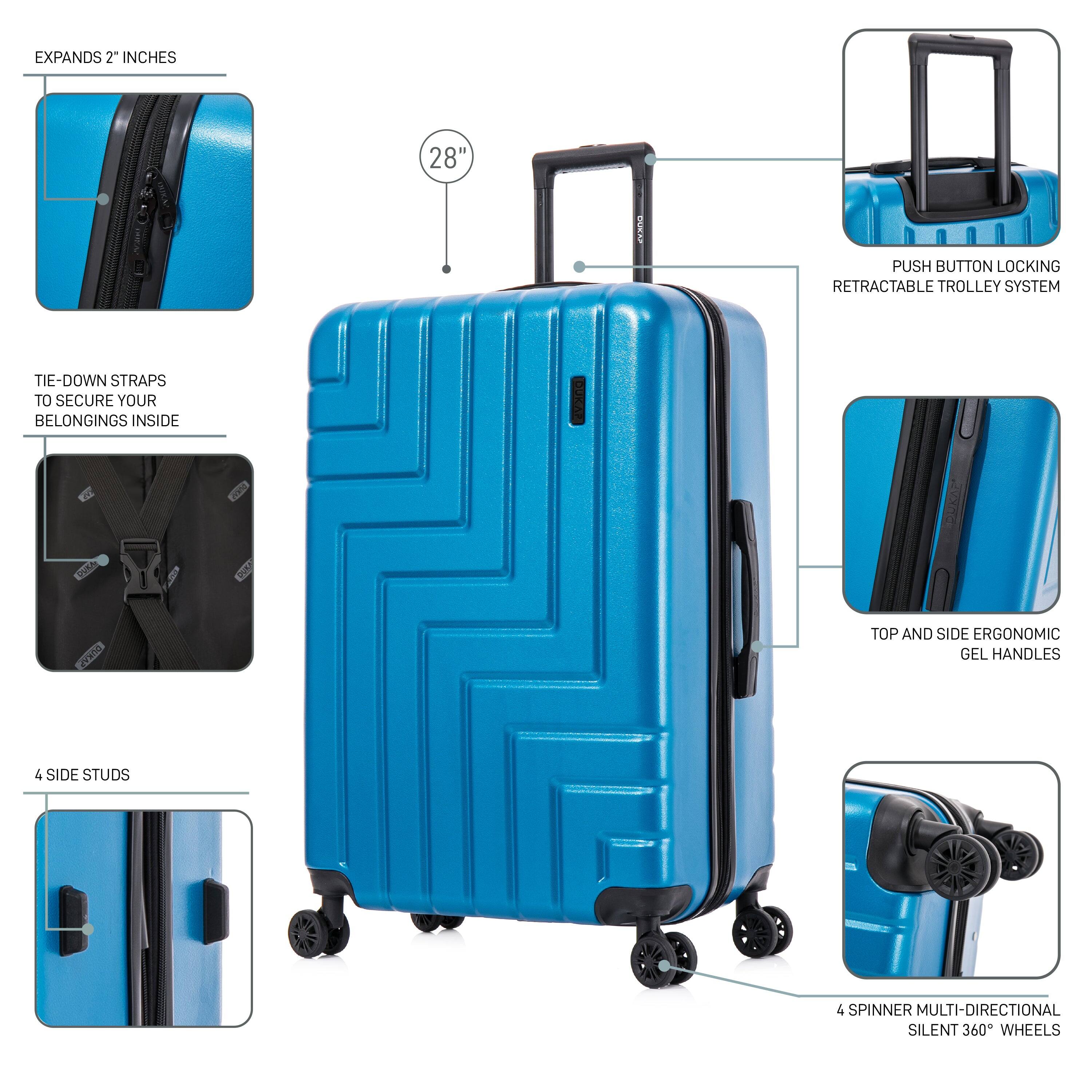 - EXPANDS 2" INCHES
- 28" PUSH BUTTON LOCKING RETRACTABLE TROLLEY SYSTEM
- TIE-DOWN STRAPS TO SECURE YOUR BELONGINGS INSIDE
- 4 SIDE STUDS
- TOP AND SIDE ERGONOMIC GEL HANDLES
- 4 SPINNER MULTI-DIRECTIONAL SILENT 360° WHEELS
