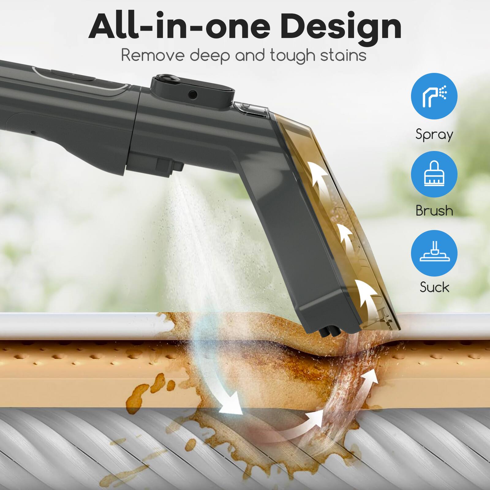 All-in-one Design
Remove deep and tough stains
Spray
Brush
Suck
