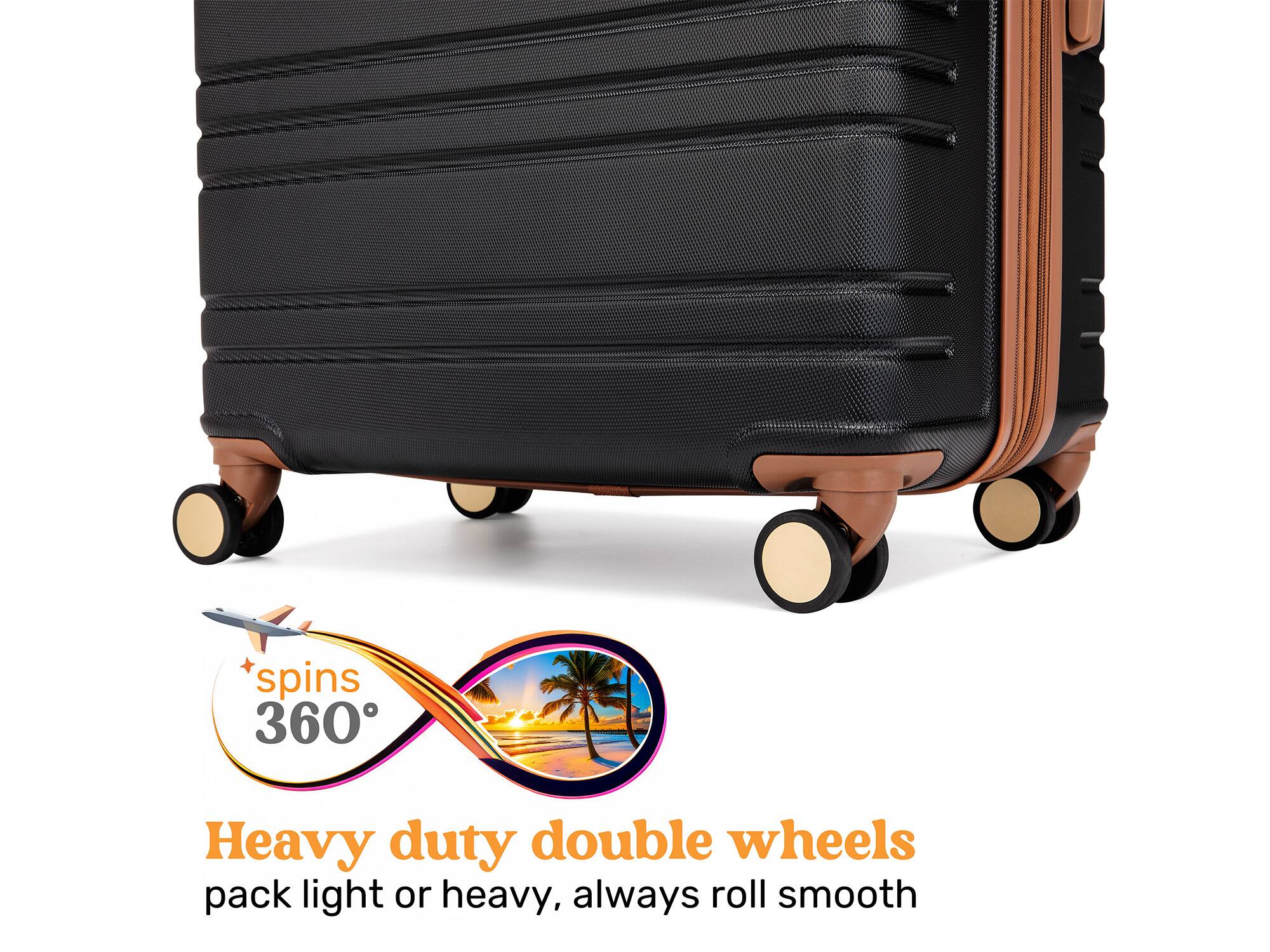 spins 360°, Heavy duty double wheels, pack light or heavy, always roll smooth