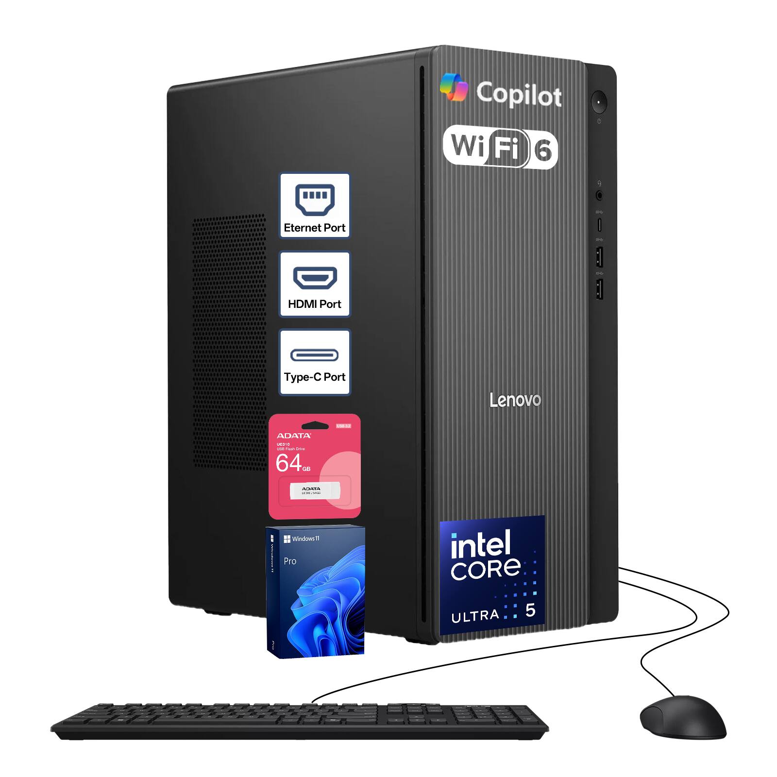 Copilot Wi-Fi 6  
Ethernet Port  
HDMI Port  
Type-C Port  
Lenovo  
200012  
ADATA OCN 64GB  
MUCA - Windows 11 Pro  
Intel Core Ultra 5