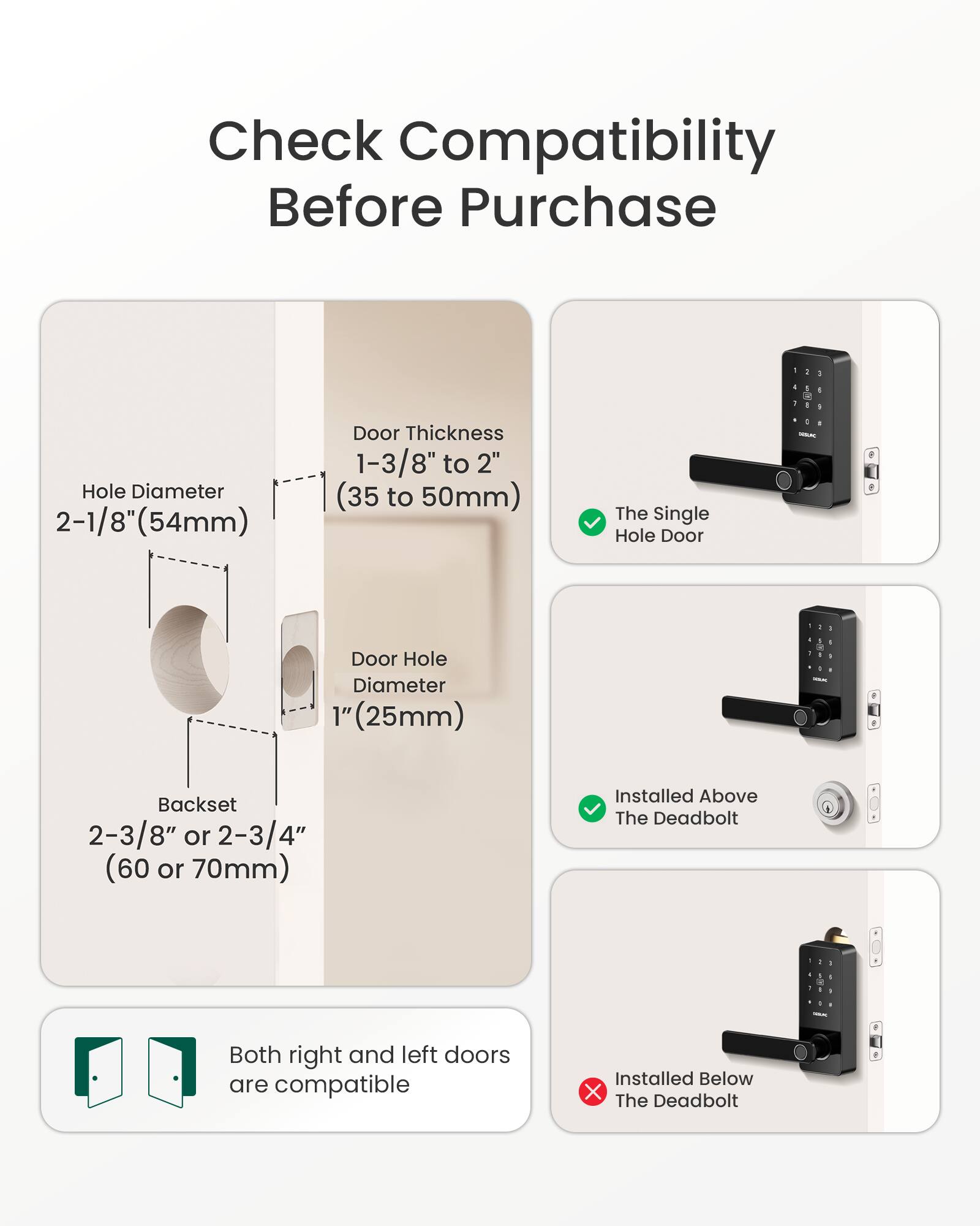 Check Compatibility Before Purchase

- Hole Diameter: 2-1/8" (54mm)
- Door Thickness: 1-3/8" to 2" (35 to 50mm)
- Door Hole Diameter: 1" (25mm)
- Backset: 2-3/8" or 2-3/4" (60 or 70mm)

- The Single Hole Door
- Installed Above The Deadbolt
- Both right and left doors are compatible
- Installed Below The Deadbolt (Not Compatible)