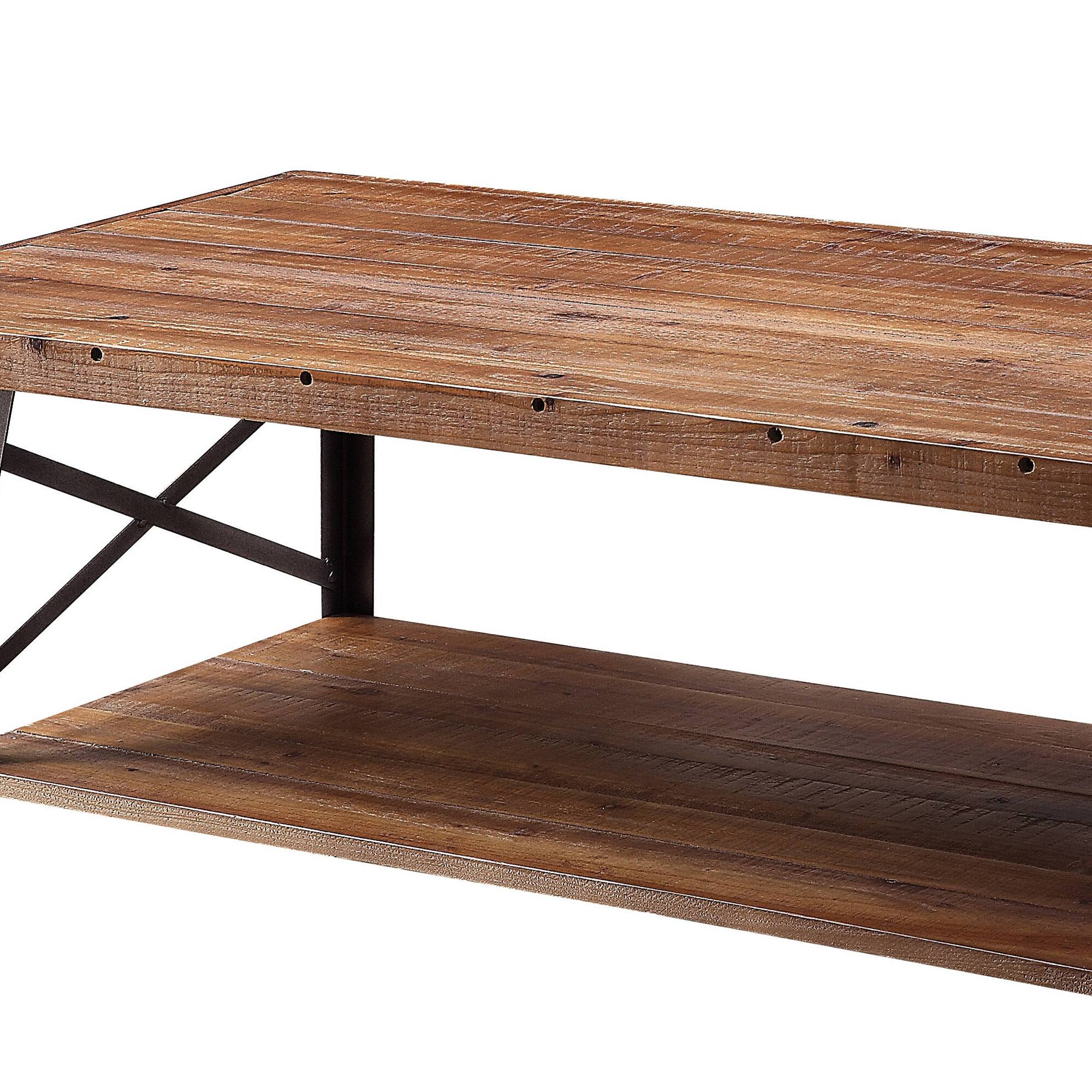 Alt View 2. Manhattan Lane - Wooden Coffee Table with X Crossed Metal Sides and Open Shelf - Brown and Black.
