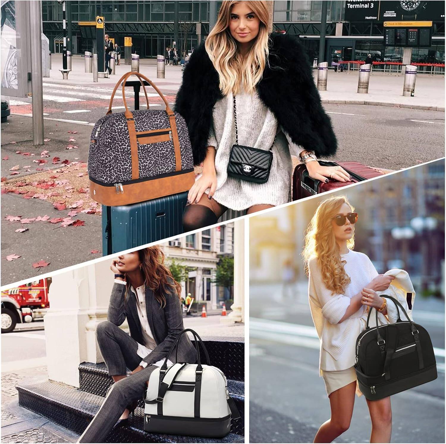 Alt View 5. Wikistore - WIKISTORE Travel Duffel Bag with Toiletry Bag Foldable Weekender with Shoe Compartment Carry On Black - Black.