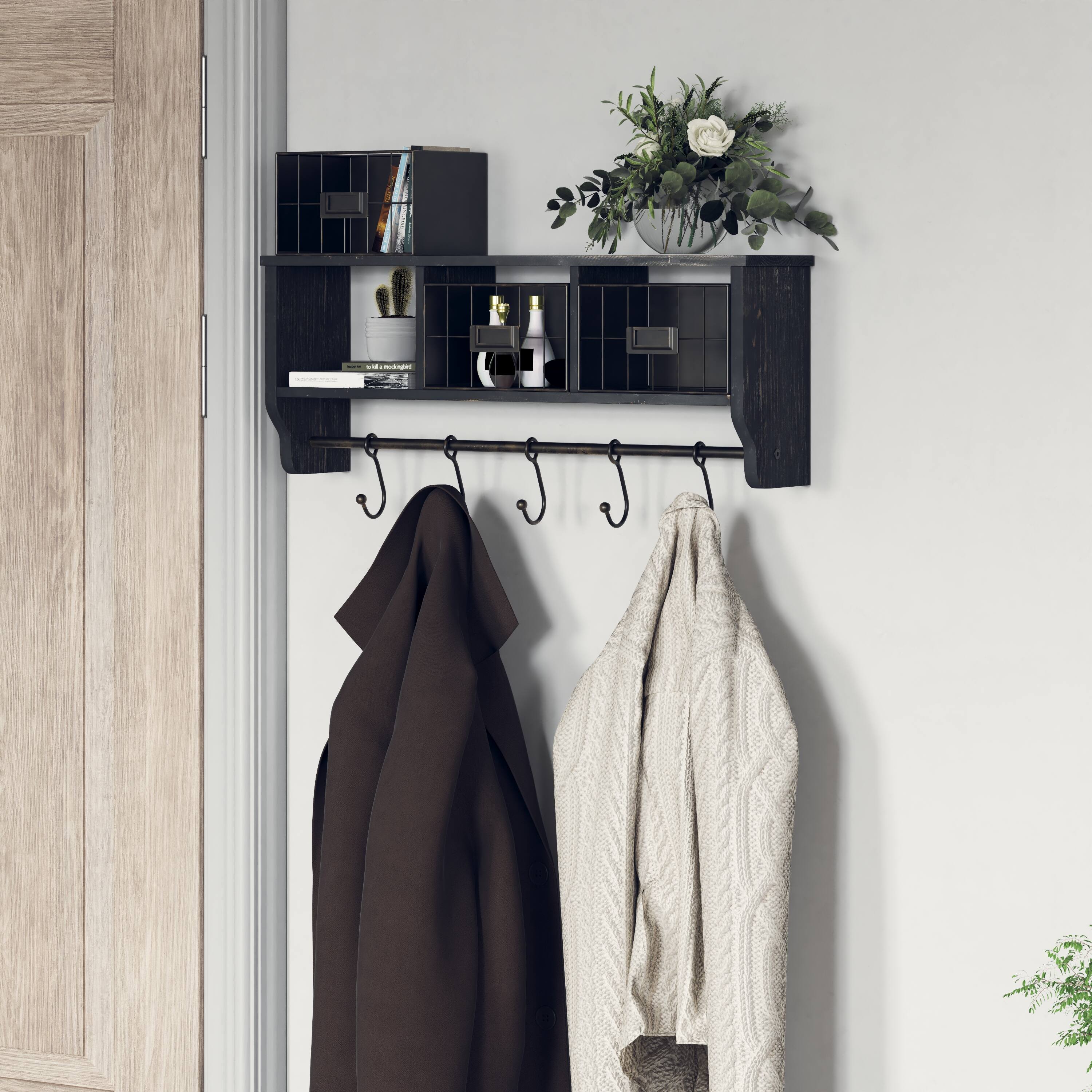 Alt View 1. Emma + Oliver - Mulhall Rustic Country Wall Mounted Shelf with 5 Adjustable Sliding Hooks and Three Wire Storage Baskets - Black Wash.