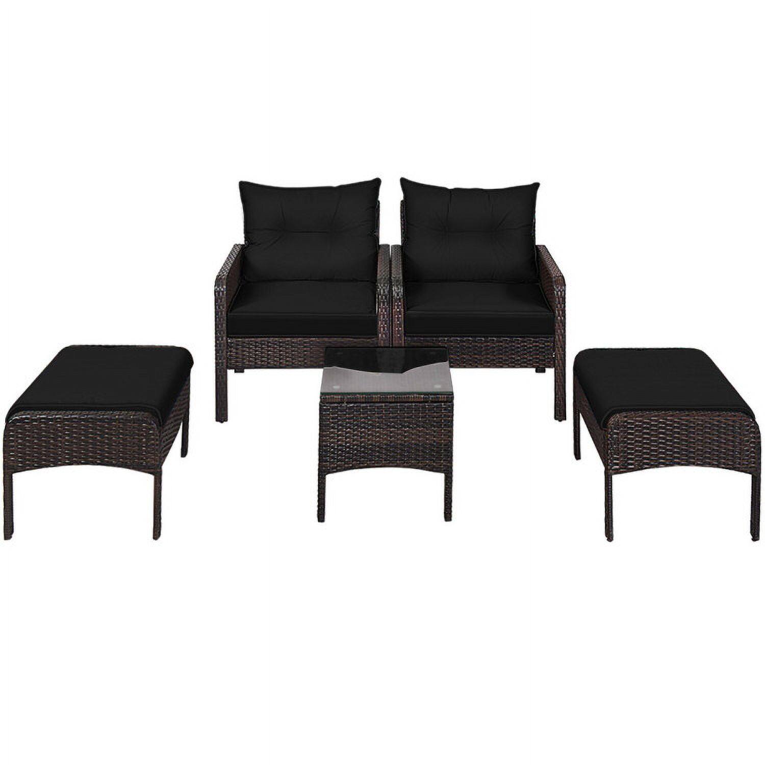 Alt View 2. Kadyn - 5 Pieces Patio Rattan Sofa Ottoman Furniture Set with Cushions-Black, Patio Seating Conversation Set, Modern Patio Chair - Black.
