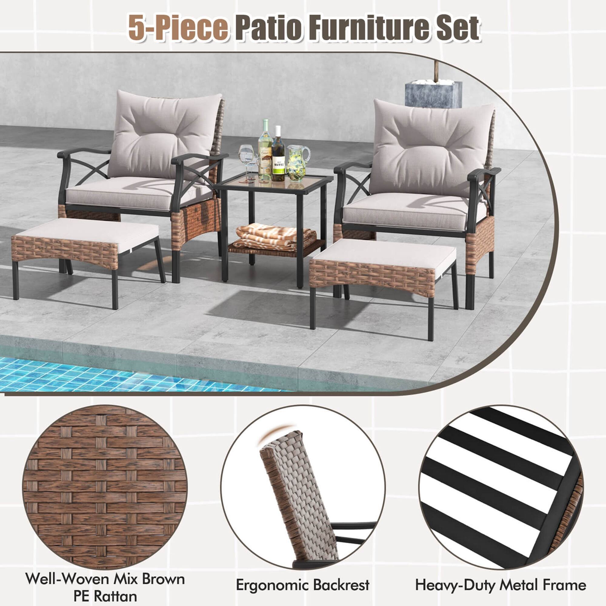 5-Piece Patio Furniture Set Well-Woven Mix Brown PE Rattan Ergonomic Backrest Heavy-Duty Metal Frame