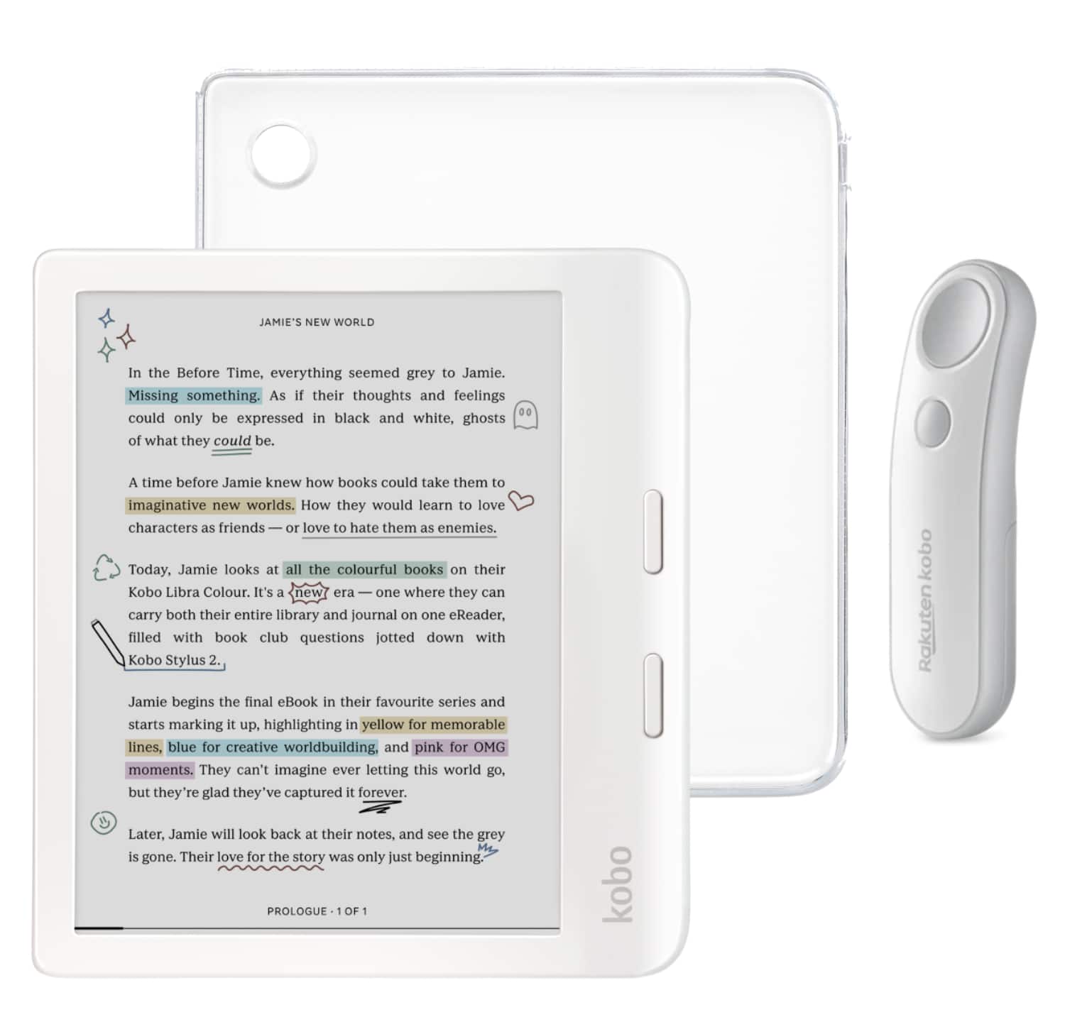 Kobo - Libra Colour (White) eReader with White Remote Bundle - 2024 - Clear Case