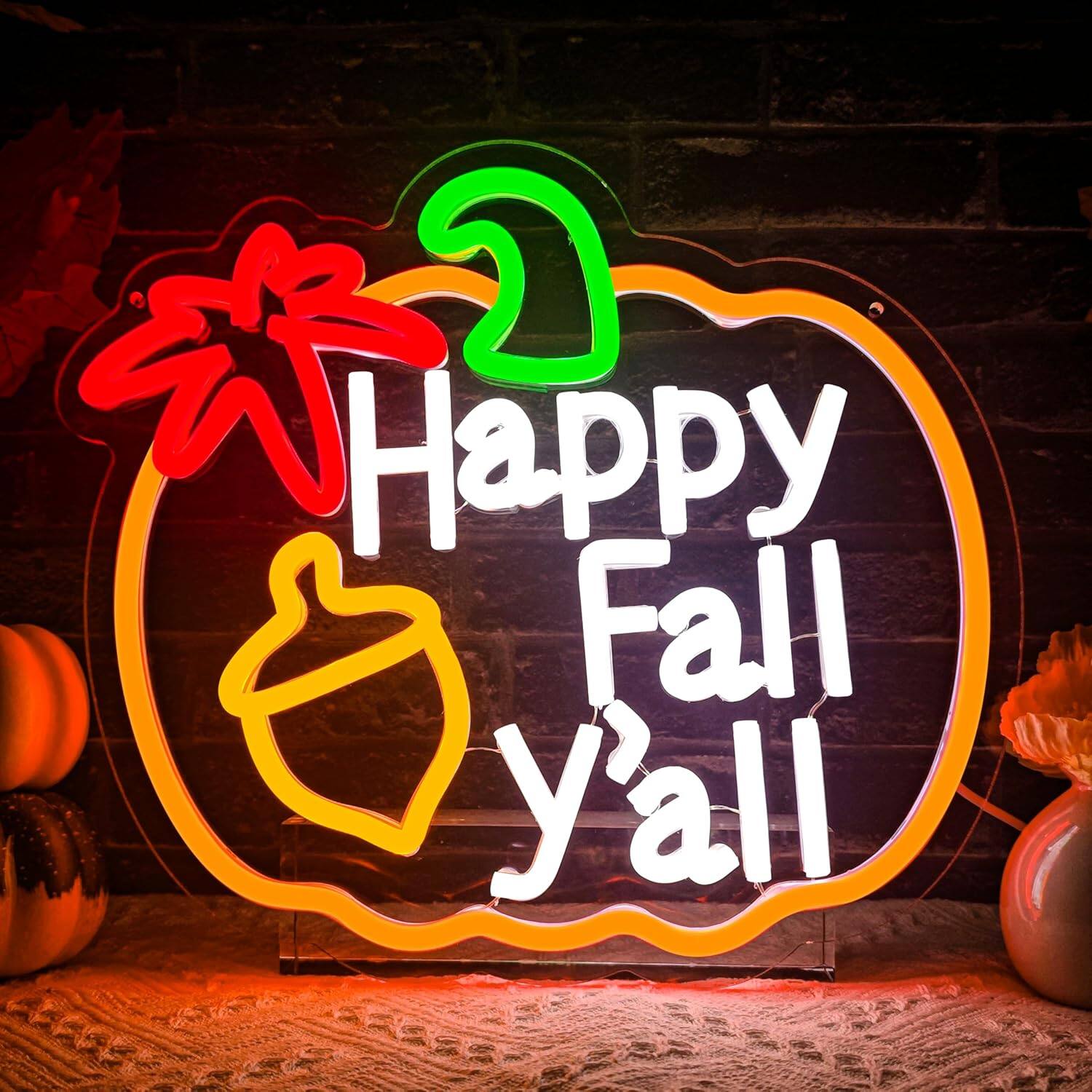 Auledio - Happy Fall Y'all Neon Sign,Thanksgiving Pumpkin Neon Sign Thanksgiving LED Neon Light Sign Thanksgiving Decorations - Multicolor