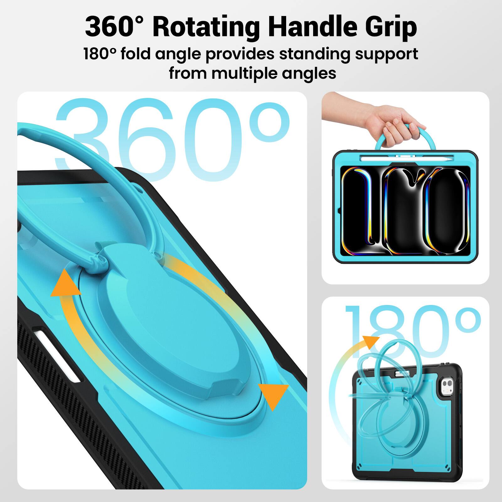360° Rotating Handle Grip  
180° fold angle provides standing support from multiple angles