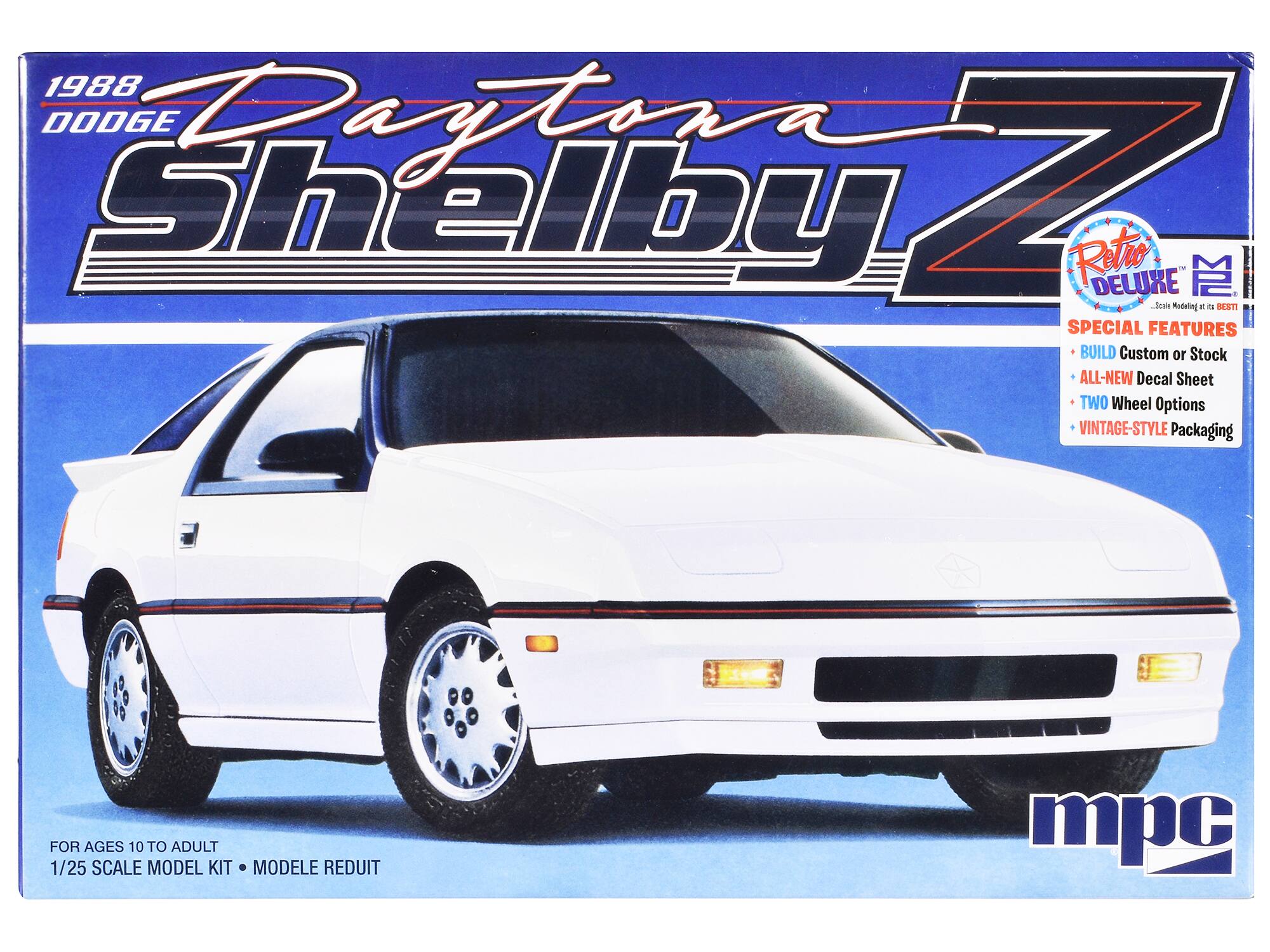 1988 DODGE Daytona Shelby Z Retro DELUXE

SPECIAL FEATURES
- BUILD Custom or Stock
- ALL-NEW Decal Sheet
- TWO Wheel Options
- VINTAGE-STYLE Packaging

FOR AGES 10 TO ADULT
1/25 SCALE MODEL KIT • MODÈLE REDUIT

mpc