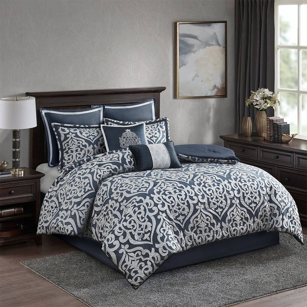 Front. TinyHomie - 8 Piece Jacquard Comforter Set Navy/Silver Queen - Navy and Silver.