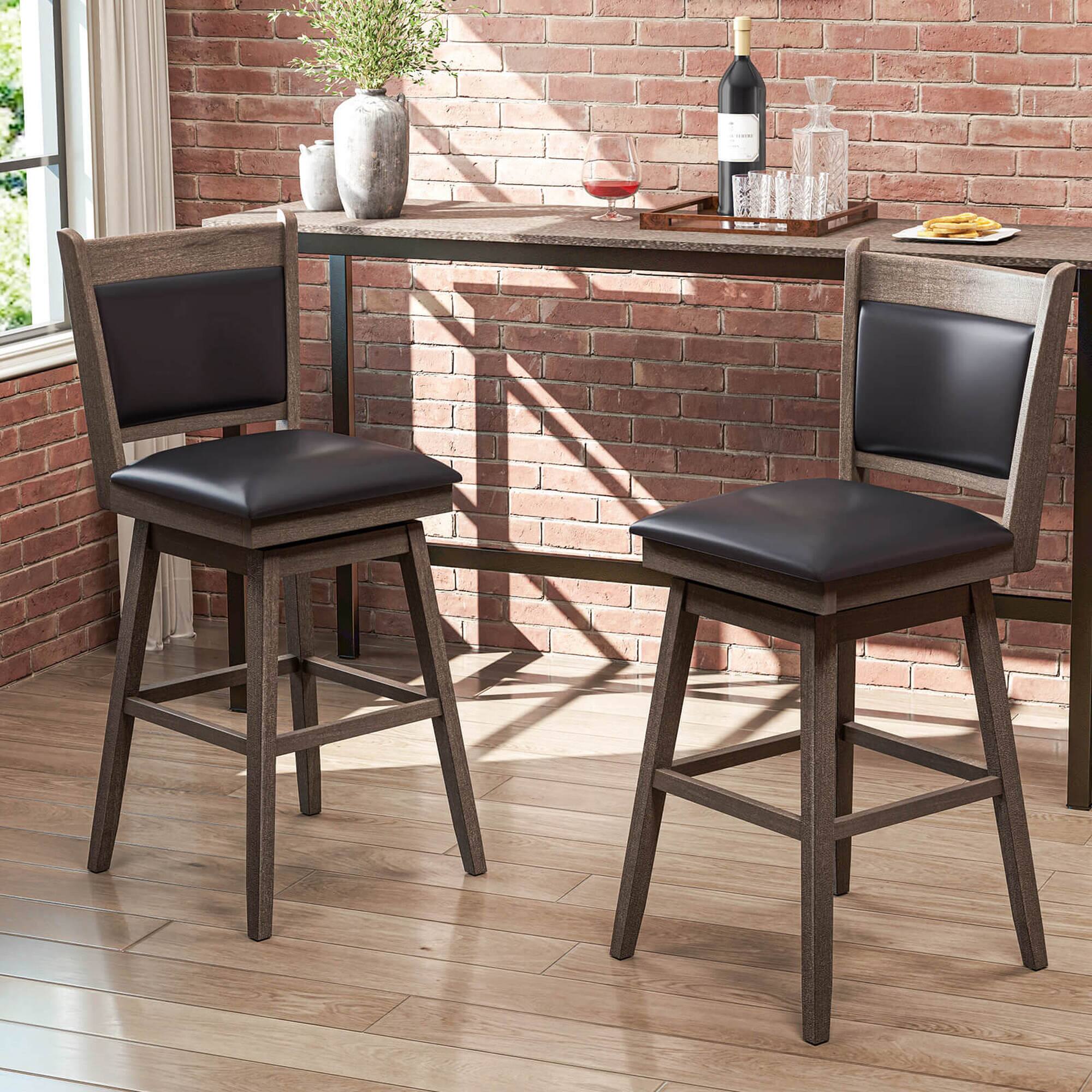 Alt View 1. Costway - 29" Swivel Bar Stools Set of 2 with Back Rubber Wood Legs Sturdy Footrest - Black.