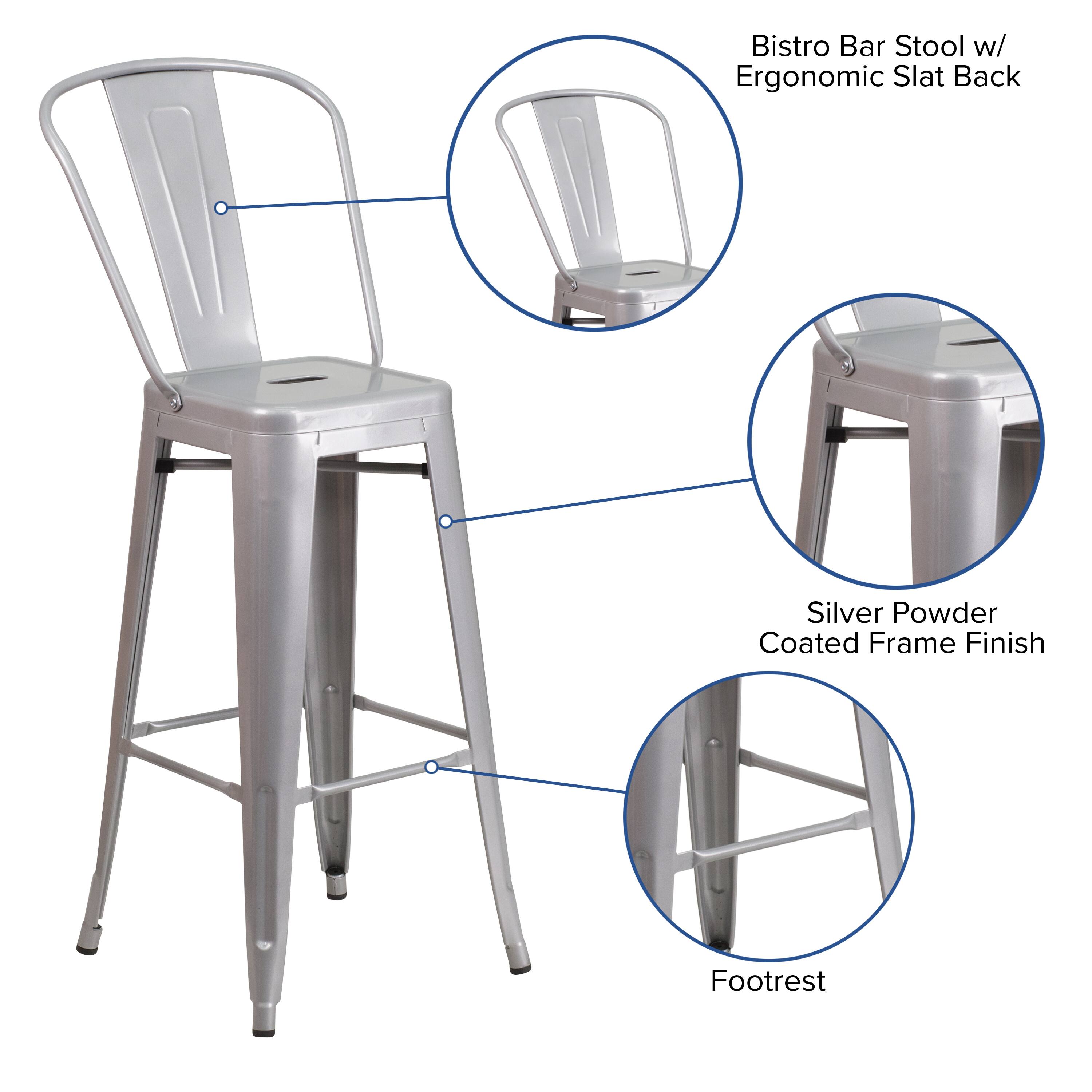 Bistro Bar Stool w/ Ergonomic Slat Back  
Silver Powder Coated Frame Finish  
Footrest