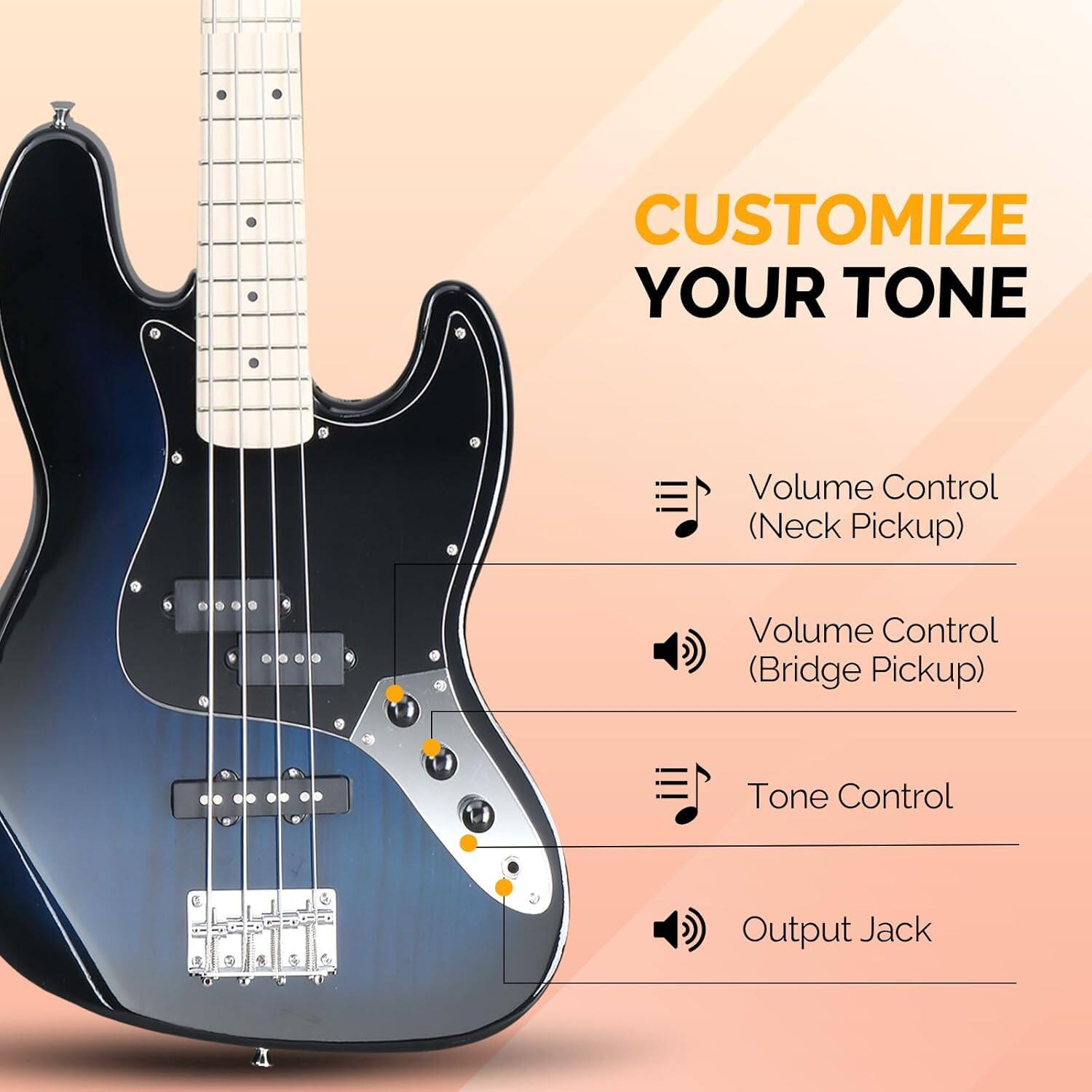 CUSTOMIZE YOUR TONE

- Volume Control (Neck Pickup)
- Volume Control (Bridge Pickup)
- Tone Control
- Output Jack