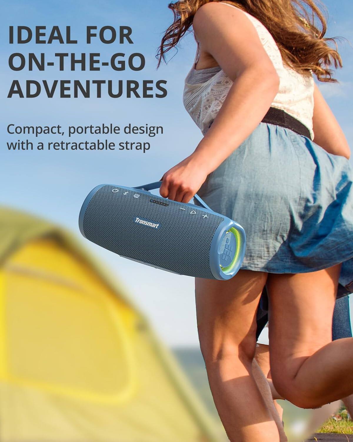 The text on the image reads: "Ideal for on-the-go adventures. Compact, portable design with a retractable strap. Tronsmart."