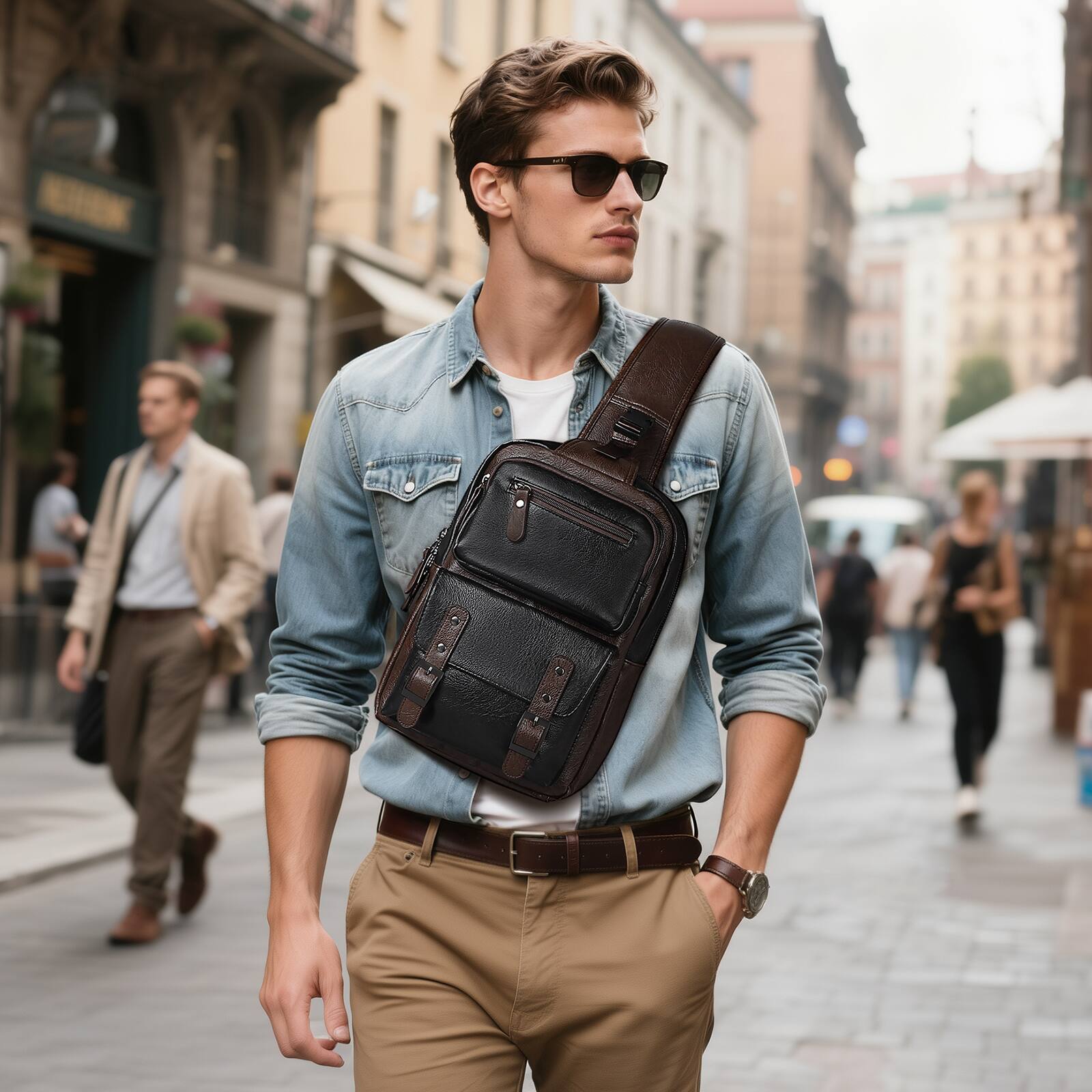 Alt View 1. Unique Bargains - Vintage PU Leather Sling Backpack Crossbody Shoulder Bag with Adjustable Strap Multi-Pocket Compact Travel Chest Bag - Brown Black.
