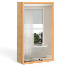 WELLFOR - Bamboo Medicine Cabinet with Mirror Door, 2 Removable Shelves and Wall or Recessed Mount - Natural