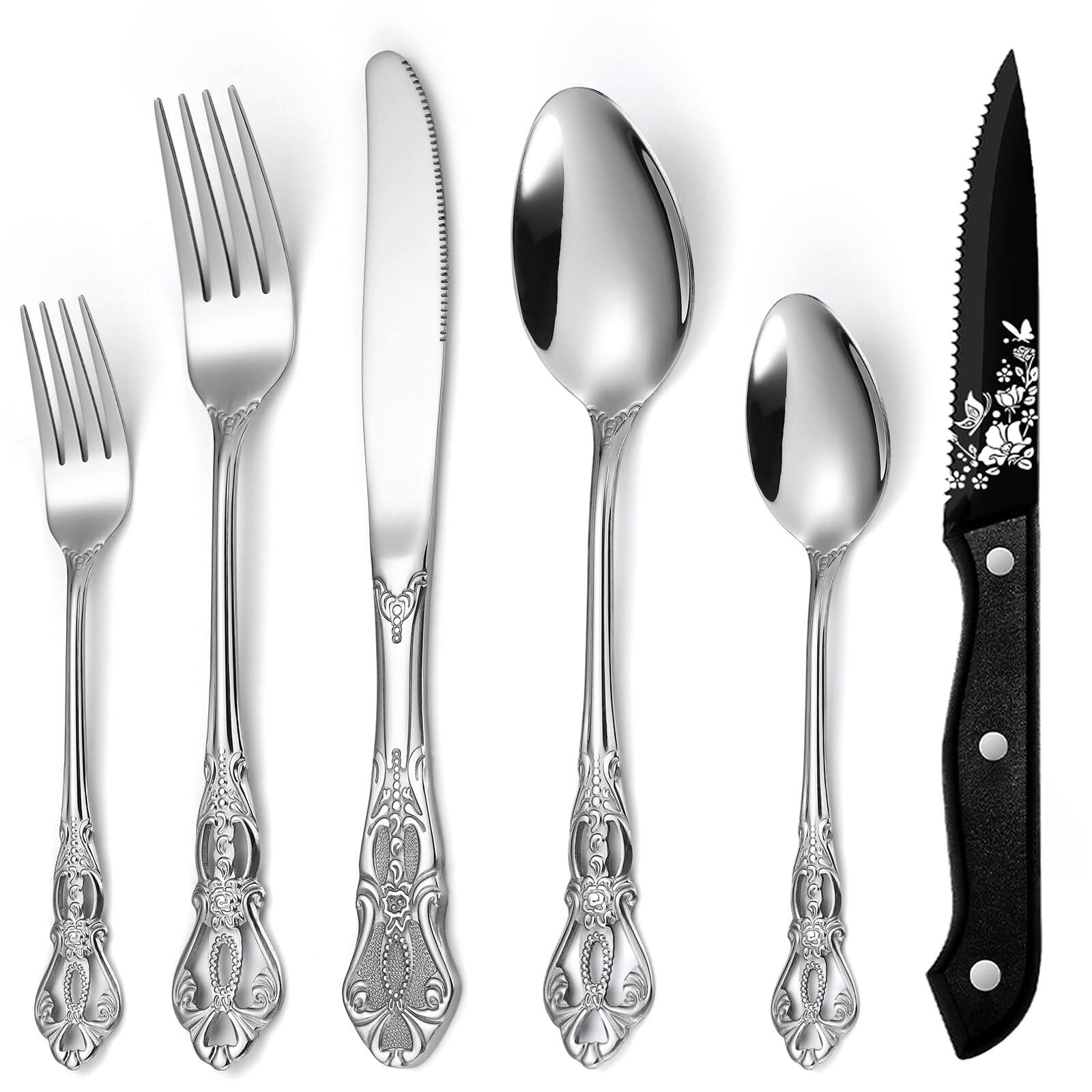 Front. Dazzed Corner - 48-Piece Silverware Set with Steak Knives, Stainless Steel Cutlery Flatware Set for 8 - Silver.